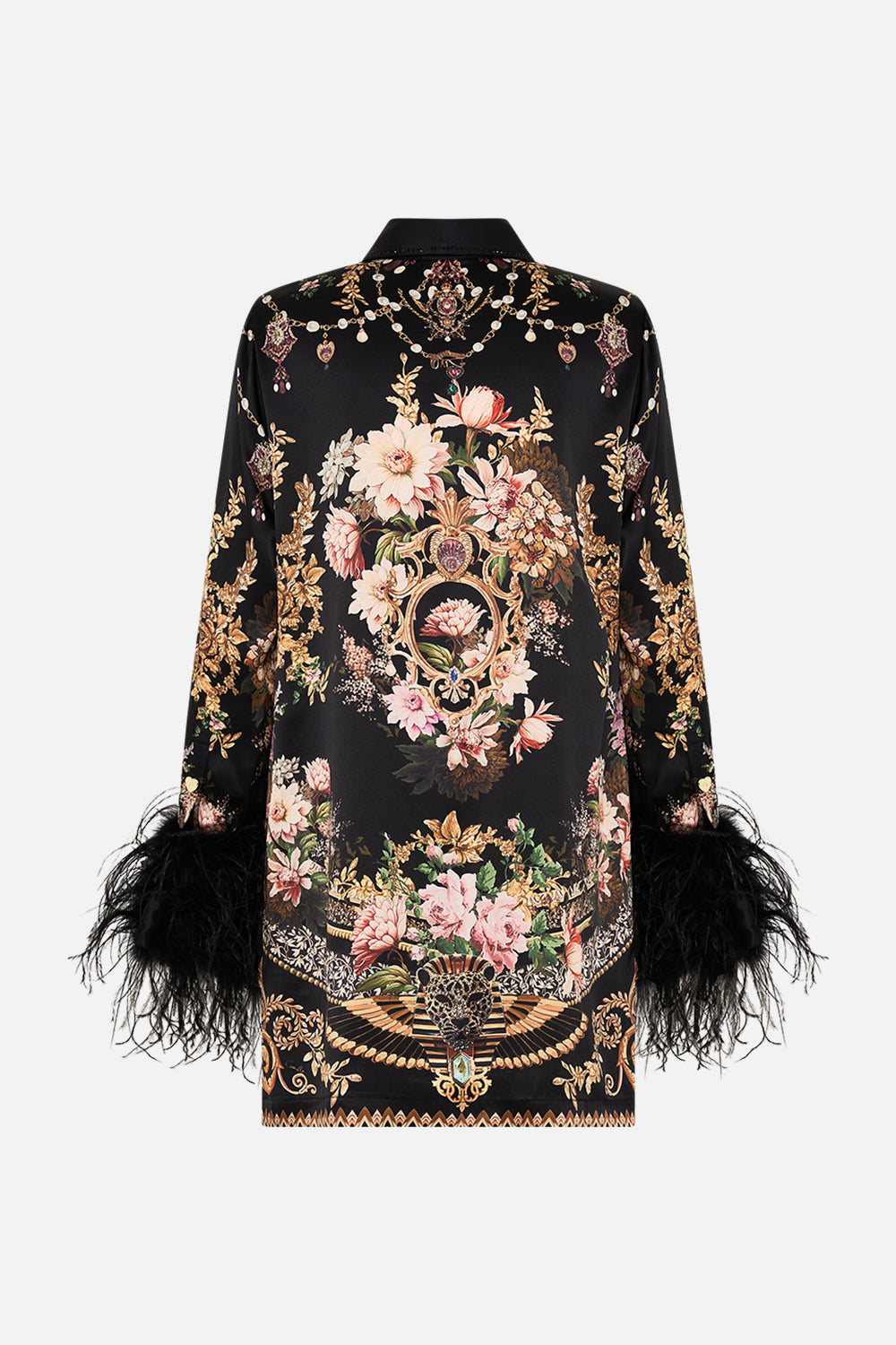 CAMILLA mini shirt dress with feathers in Dynasty Daze print.