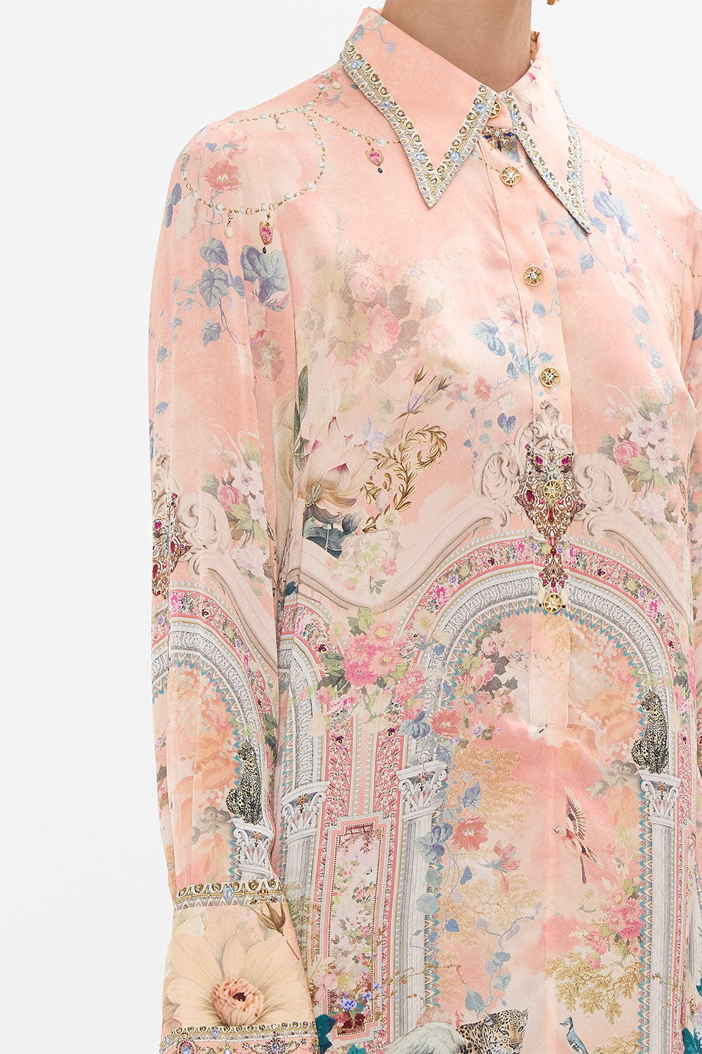 CAMILLA Floral Mini Shirt Dress in The Jewellery Palace Print. 