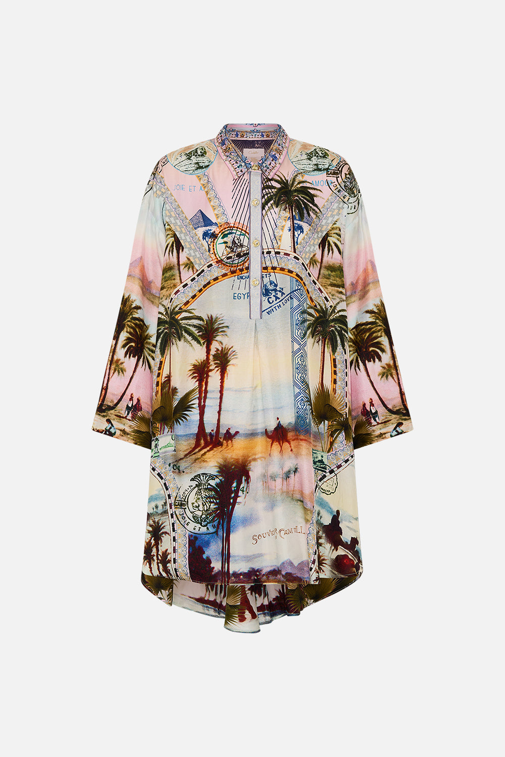 CAMILLA relaxed high low shirt dress in Call Me in Cairo print. 