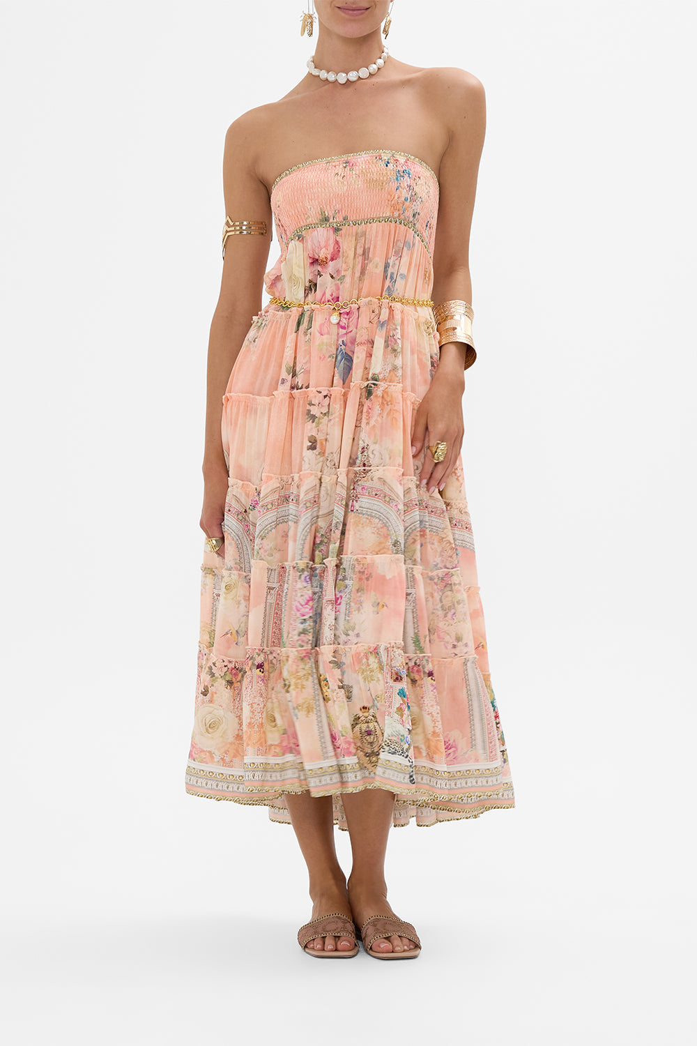 CAMILLA Floral Shirred Waist Tiered Circle Skirt in The Jewellery Palace Print. 