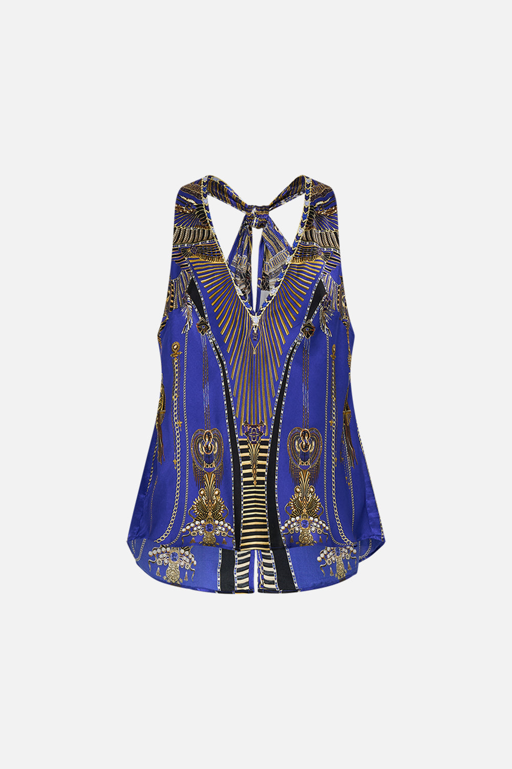 CAMILLA V Neck Top with Knot back in My Fair Pharaoh print. 
