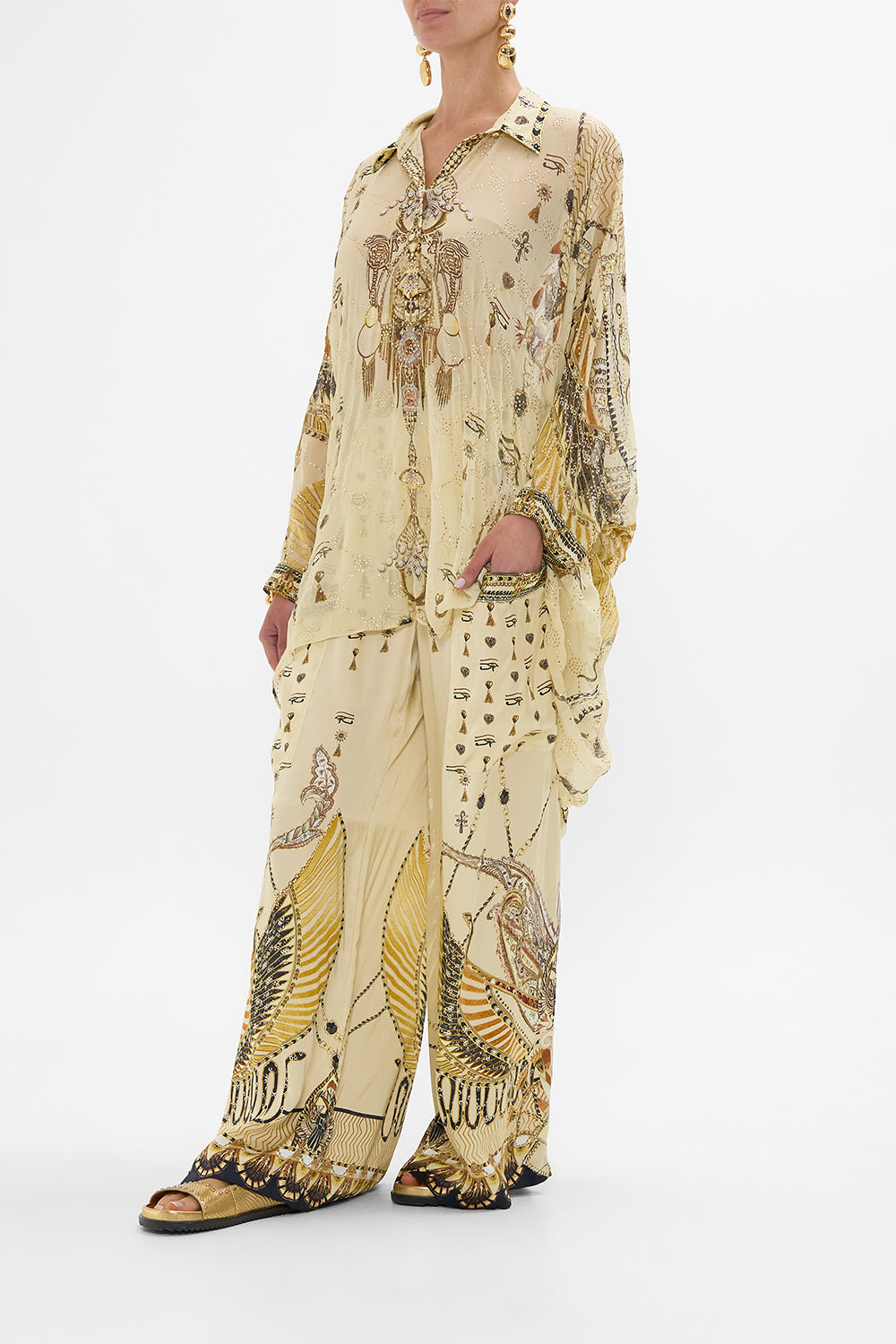 CAMILLA Gold Wide Leg Trouser with Front Pockets in Gateway to the Afterlife Print