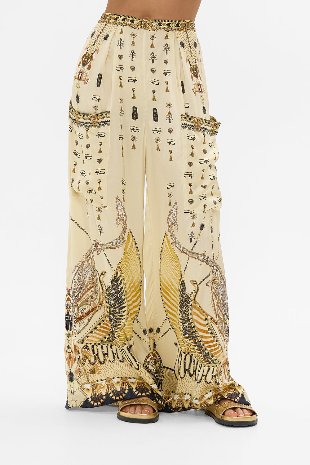 CAMILLA Gold Wide Leg Trouser with Front Pockets in Gateway to the Afterlife Print