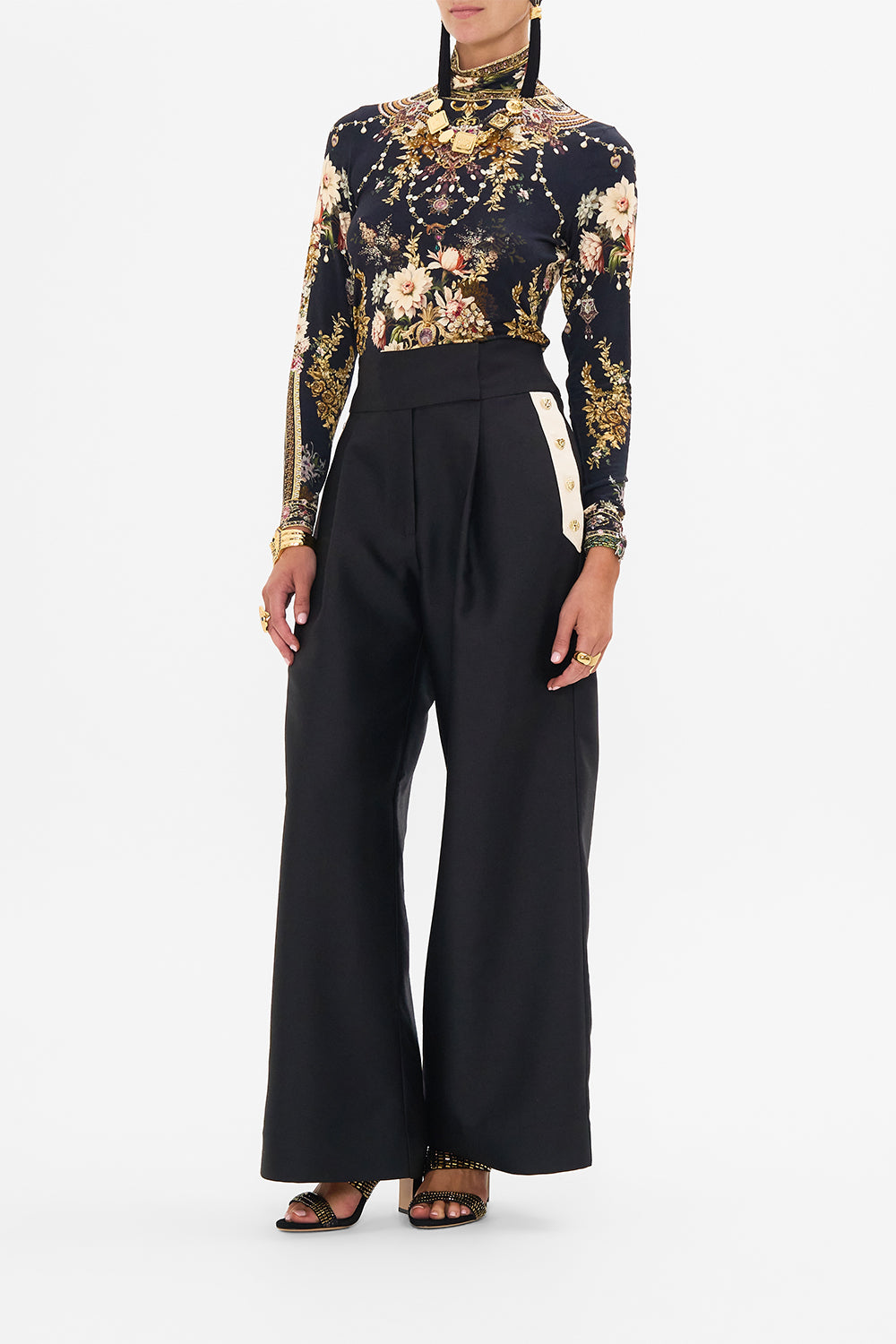 CAMILLA Wide Leg Pant With Buttons in Dynasty Daze print. 
