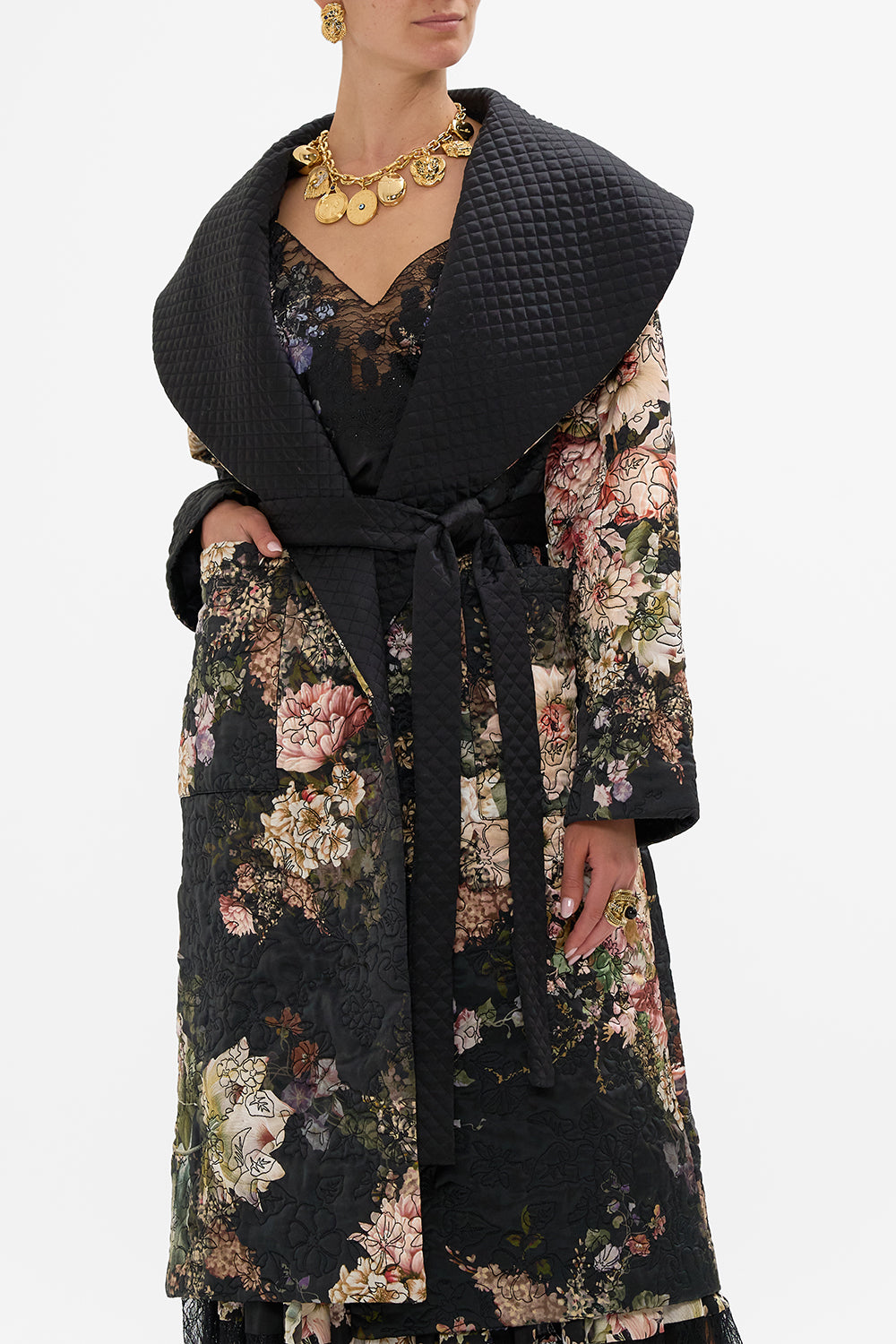 CAMILLA Quilted Long Wrap Coat in Dynasty Daze print. 