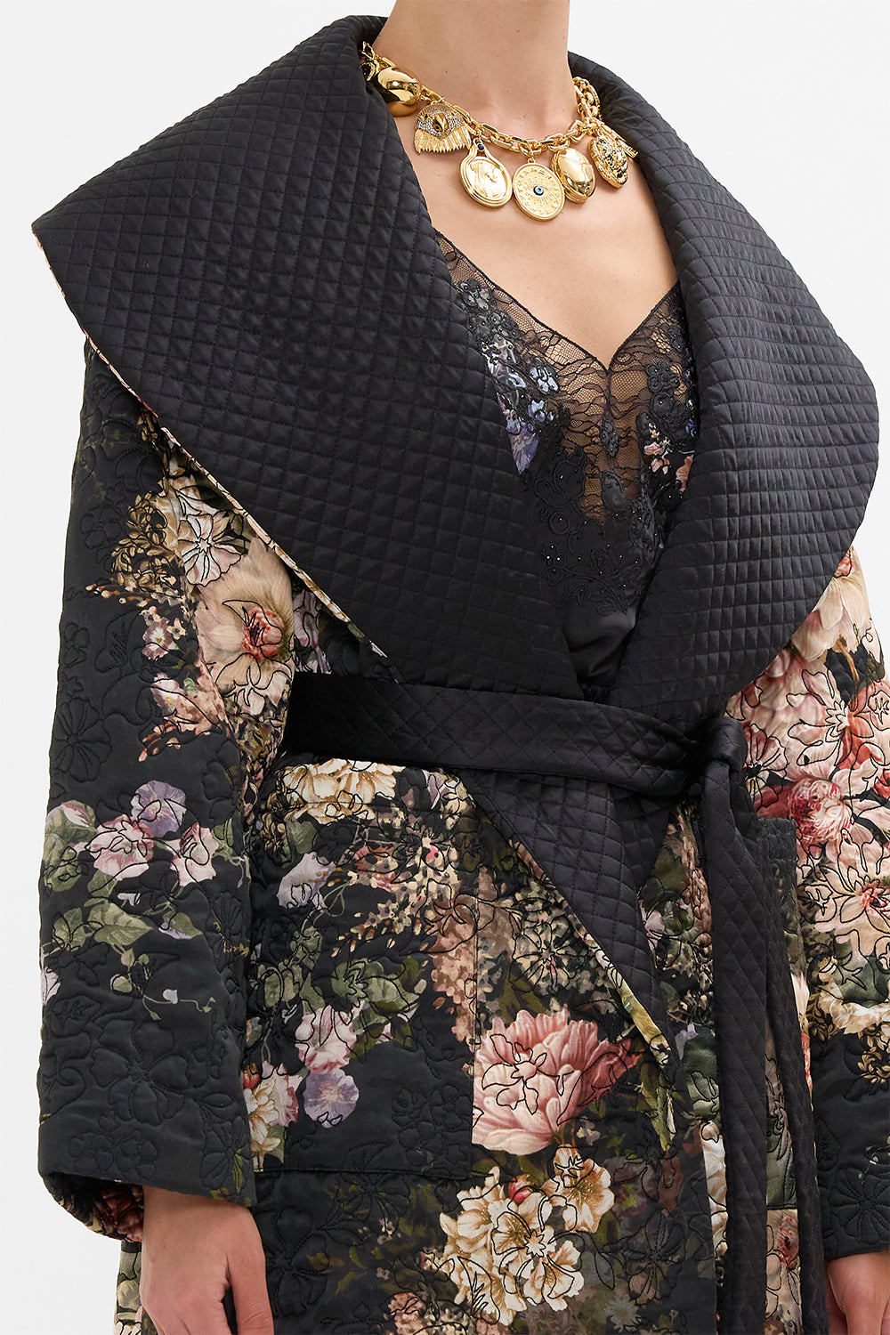 CAMILLA Quilted Long Wrap Coat in Dynasty Daze print. 