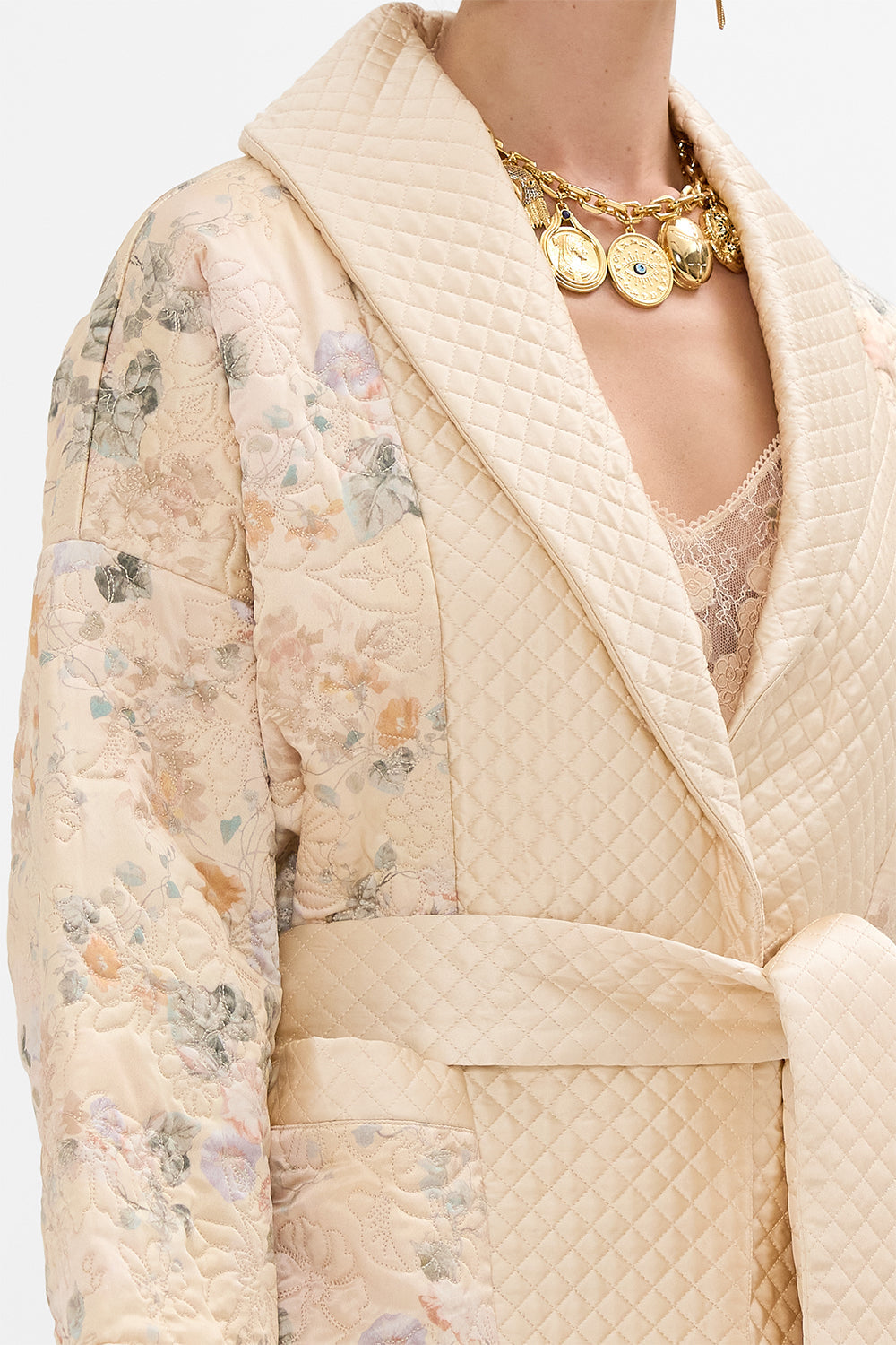 CAMILLA Quilted Roll Collar Coat in Adorned In Antiquity print. 