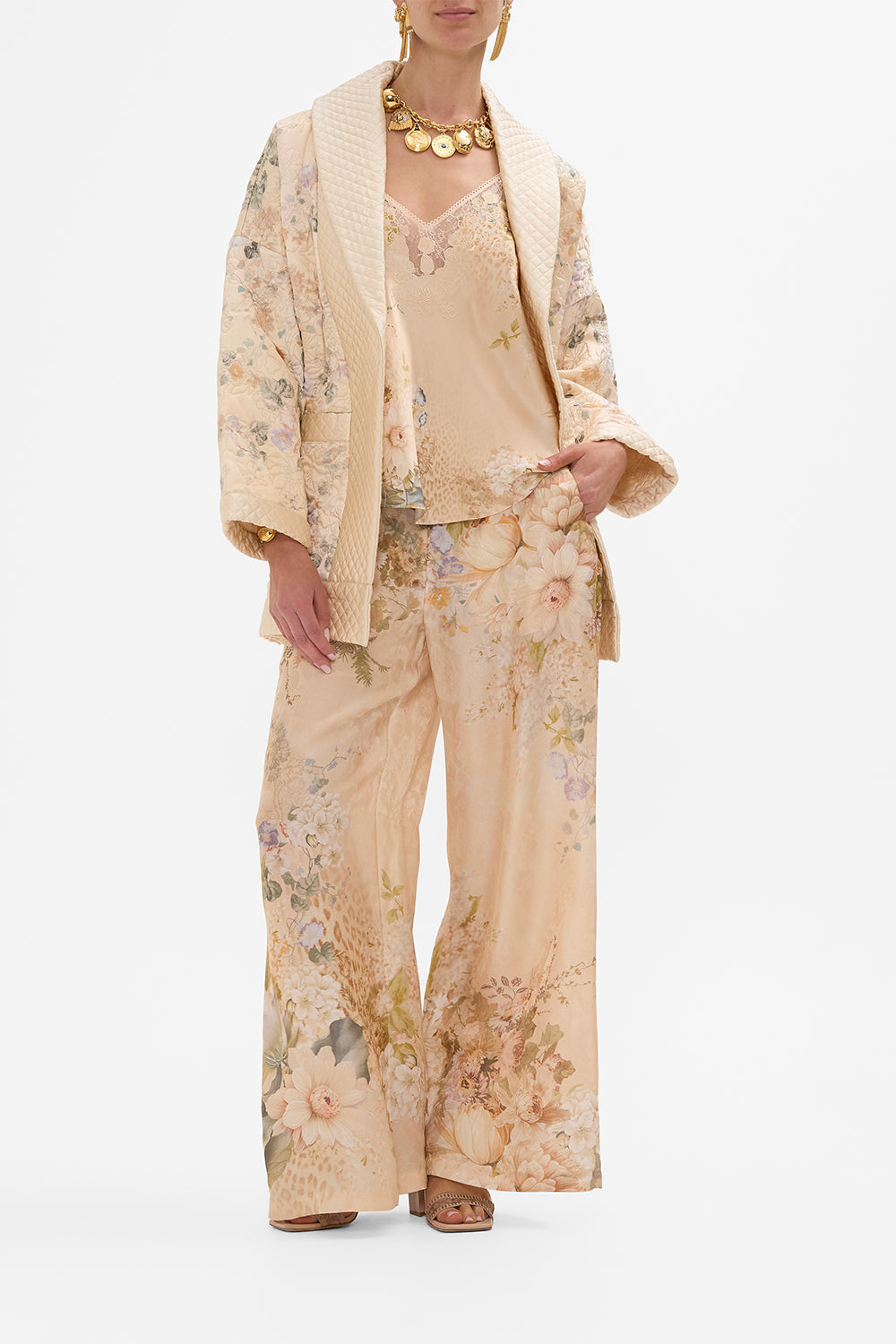 CAMILLA Quilted Roll Collar Coat in Adorned In Antiquity print. 