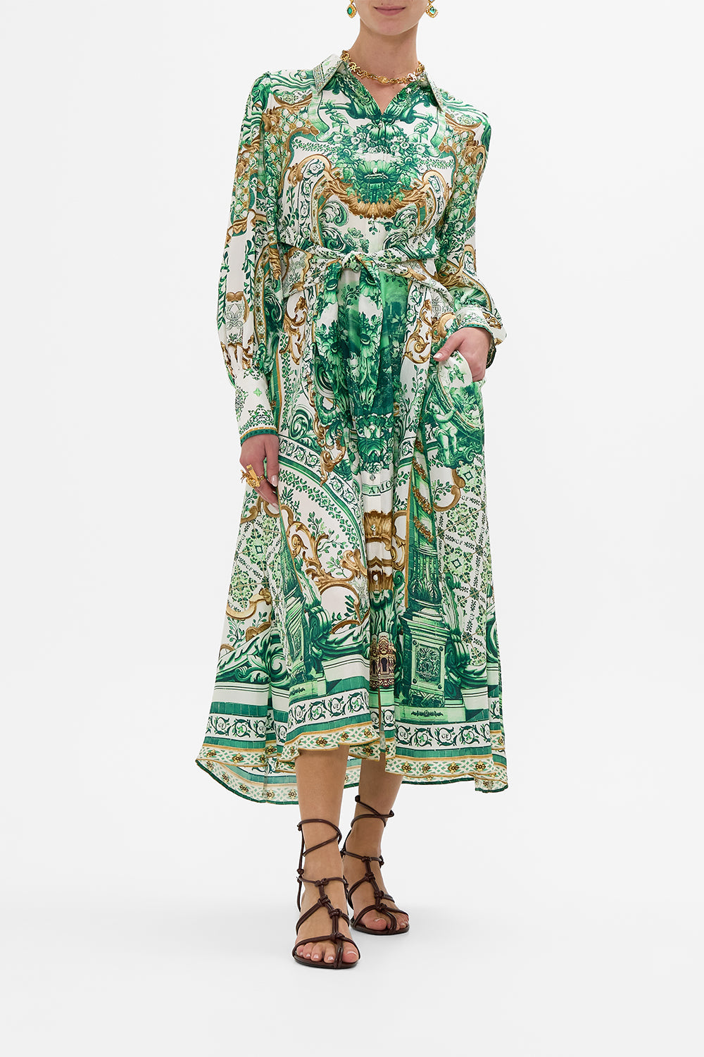 CAMILLA Waist Tie Shirt Dress in Corridor Of Calm print