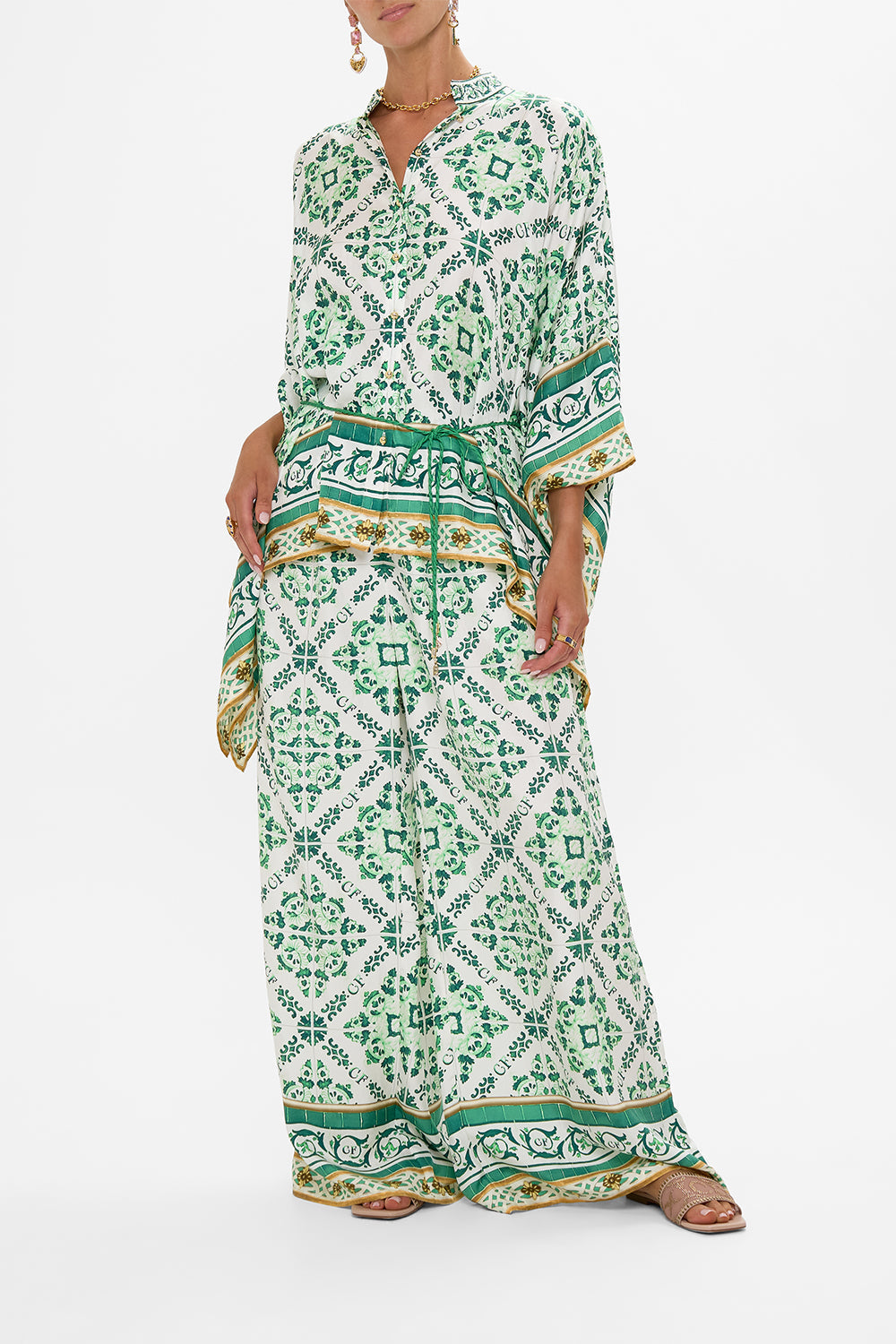 CAMILLA Button Through Scarf Blouse in Corridor Of Calm print