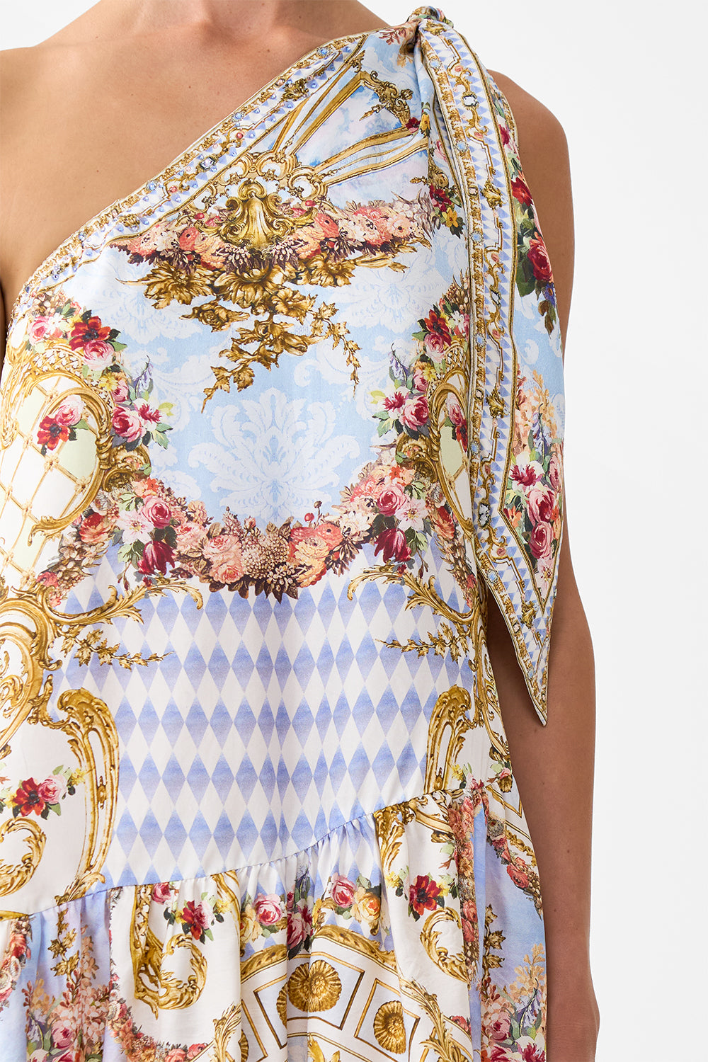 The CAMILLA TIE ONE SHOULDER SHORT DRESS THRONE GAMES in our  print.