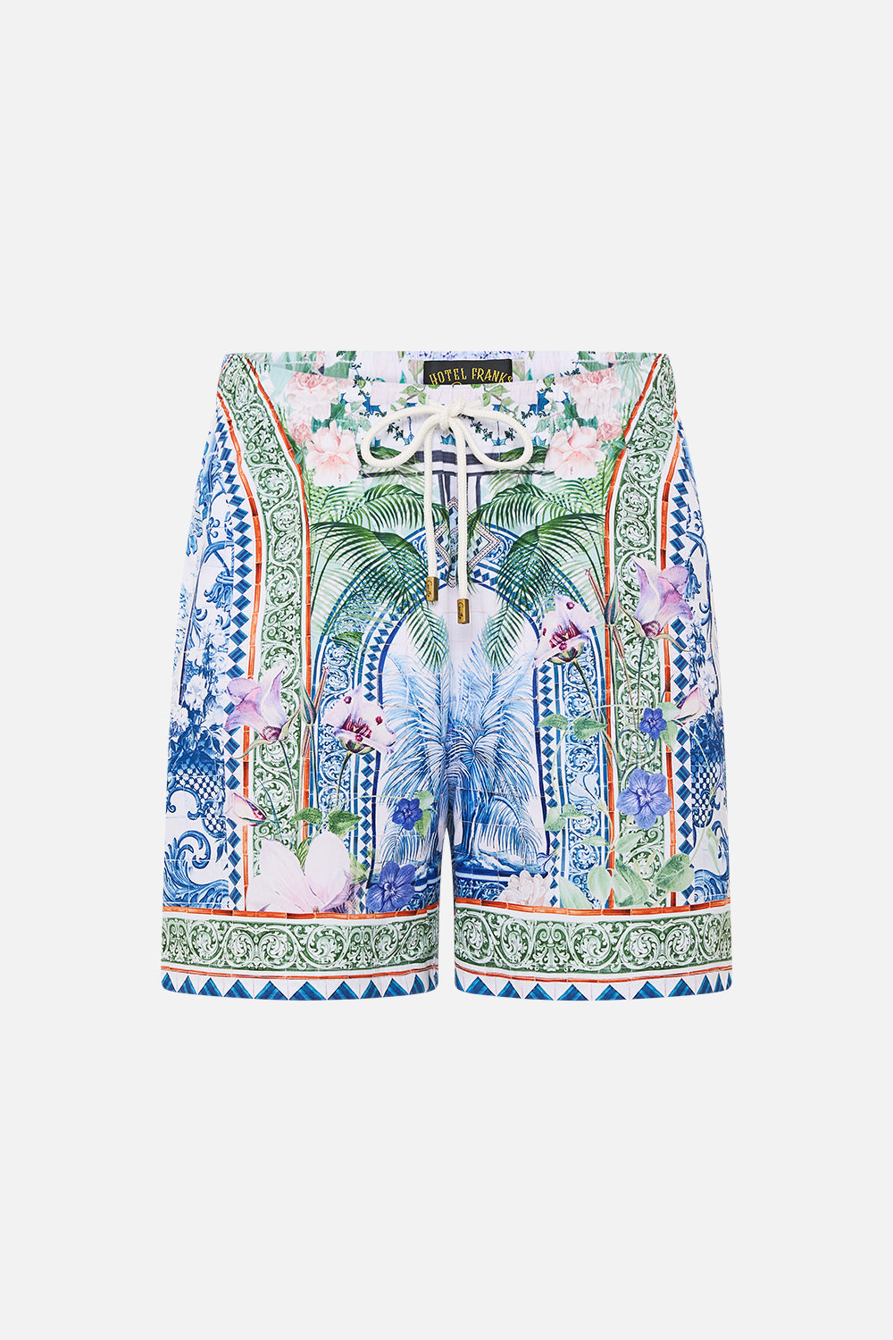 The CAMILLA MID LENGTH BOARDSHORT JARDIM PARTY in our  print.