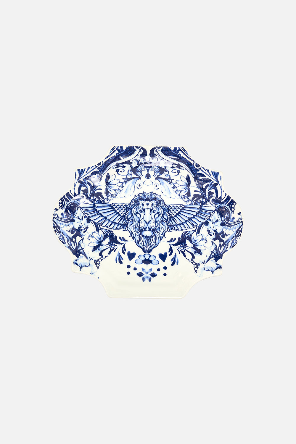 CAMILLA blue and white ceramic wall plate in Glaze and Graze print