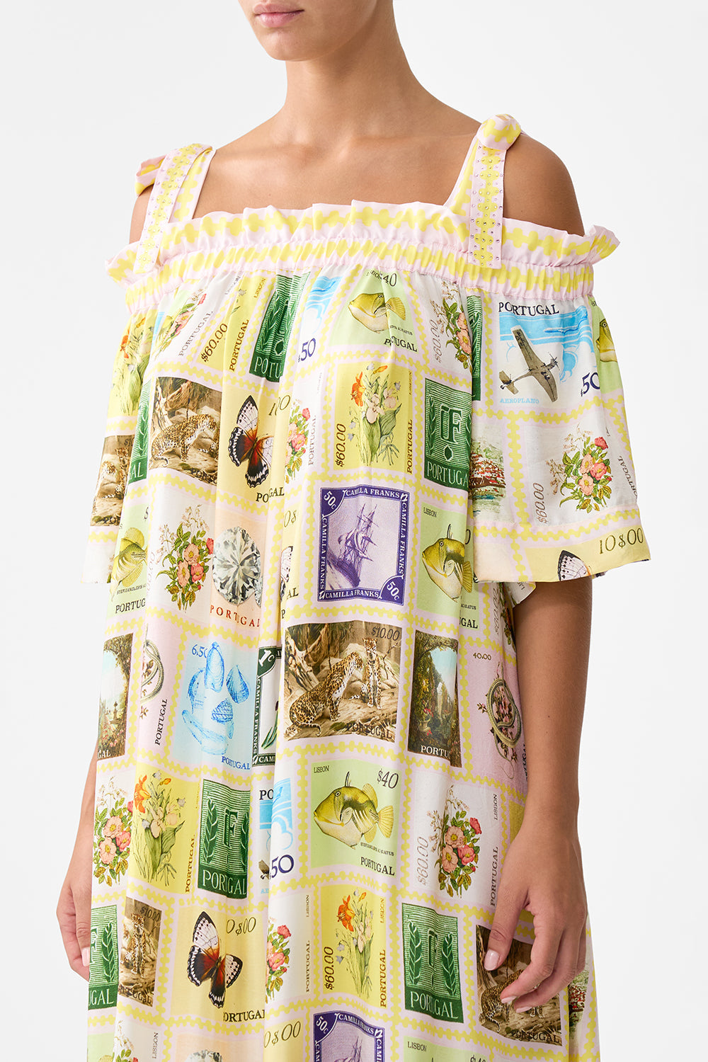 LONG OFF SHOULDER FRILL DRESS WITH STRAPS WITH LOVE FROM LISBON