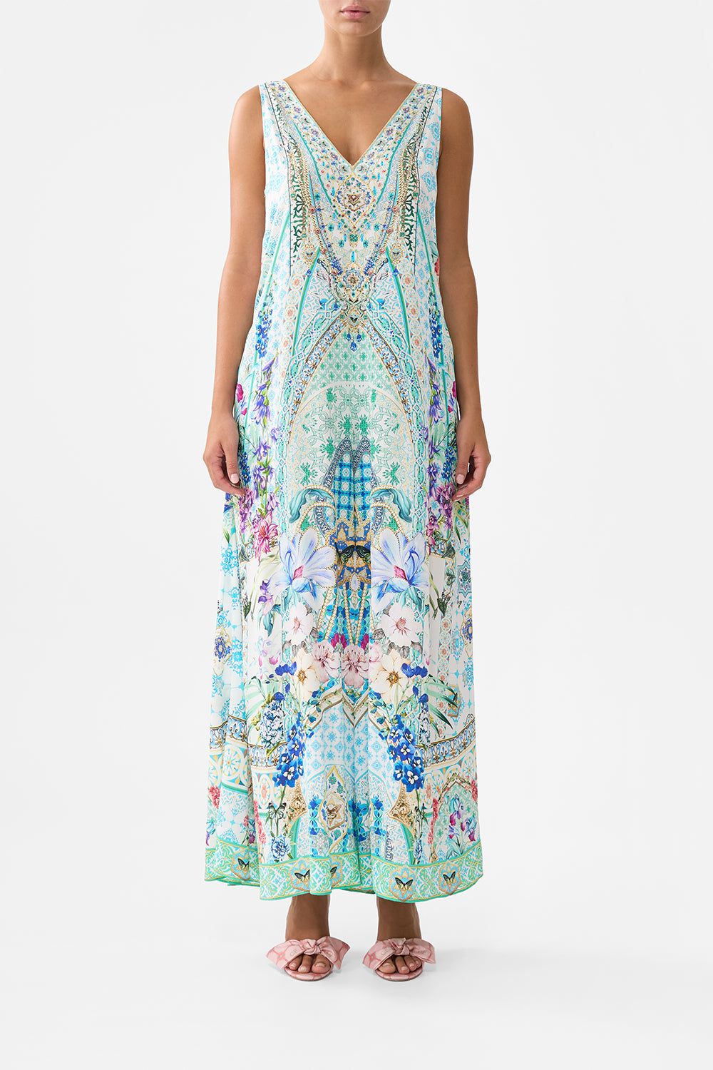 The CAMILLA V NECK FLARED JUMPSUIT SUNRISE IN SINTRA in our SUNRISE IN SINTRA print.