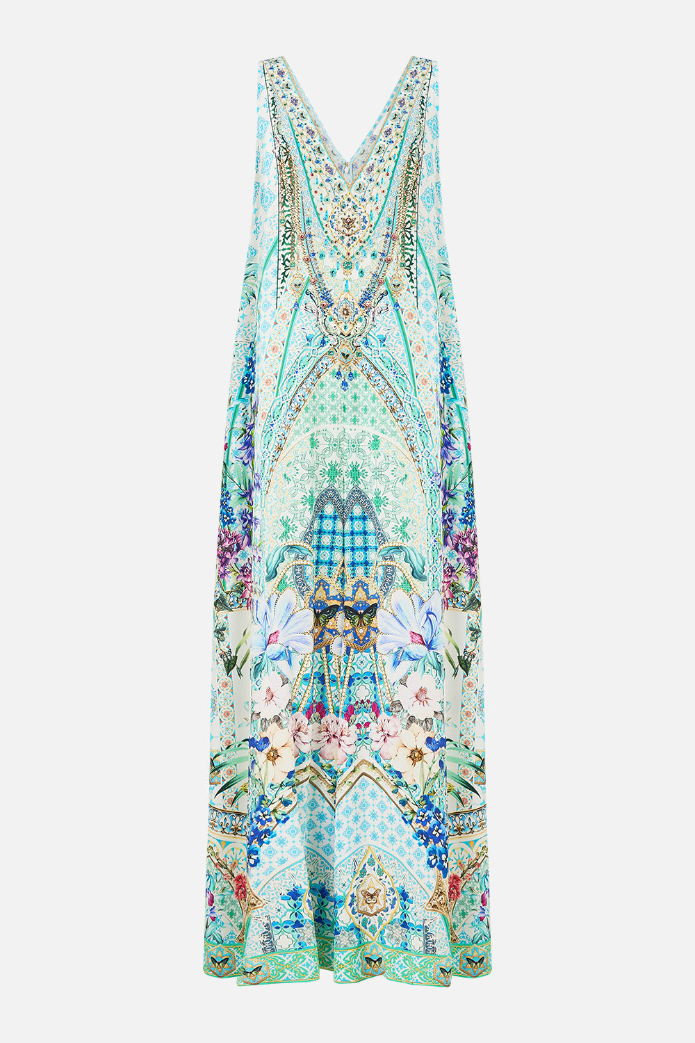 The CAMILLA V NECK FLARED JUMPSUIT SUNRISE IN SINTRA in our  print.