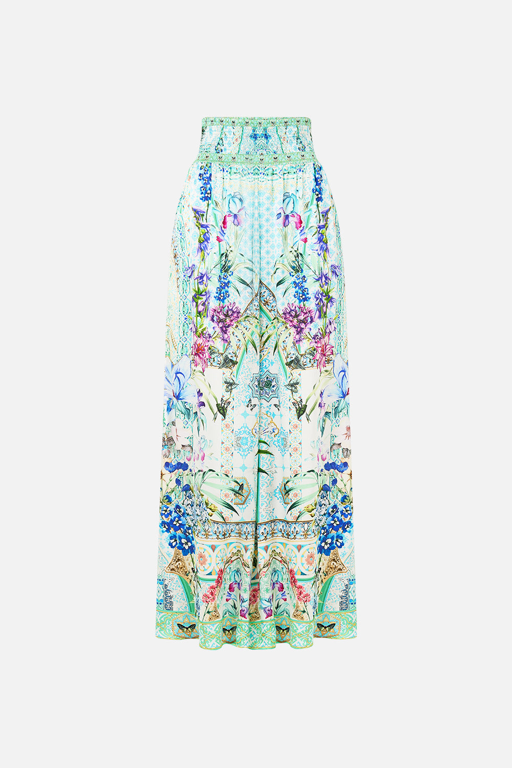 The CAMILLA SHIRRED WAIST PANT SUNRISE IN SINTRA in our  print.