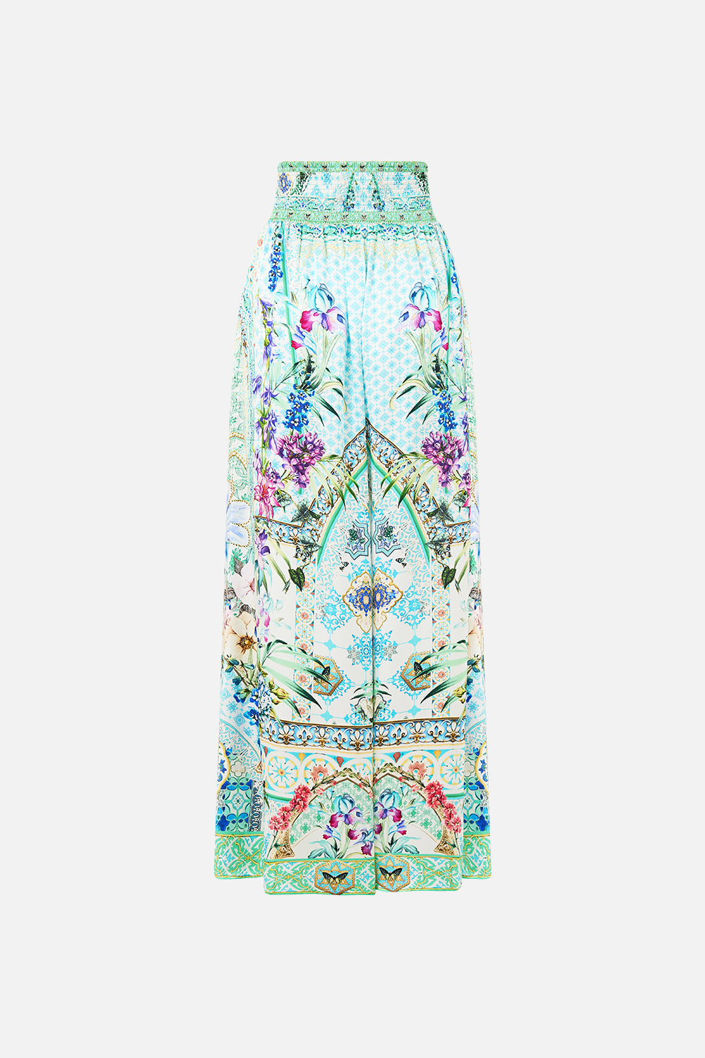 The CAMILLA SHIRRED WAIST PANT SUNRISE IN SINTRA in our  print.