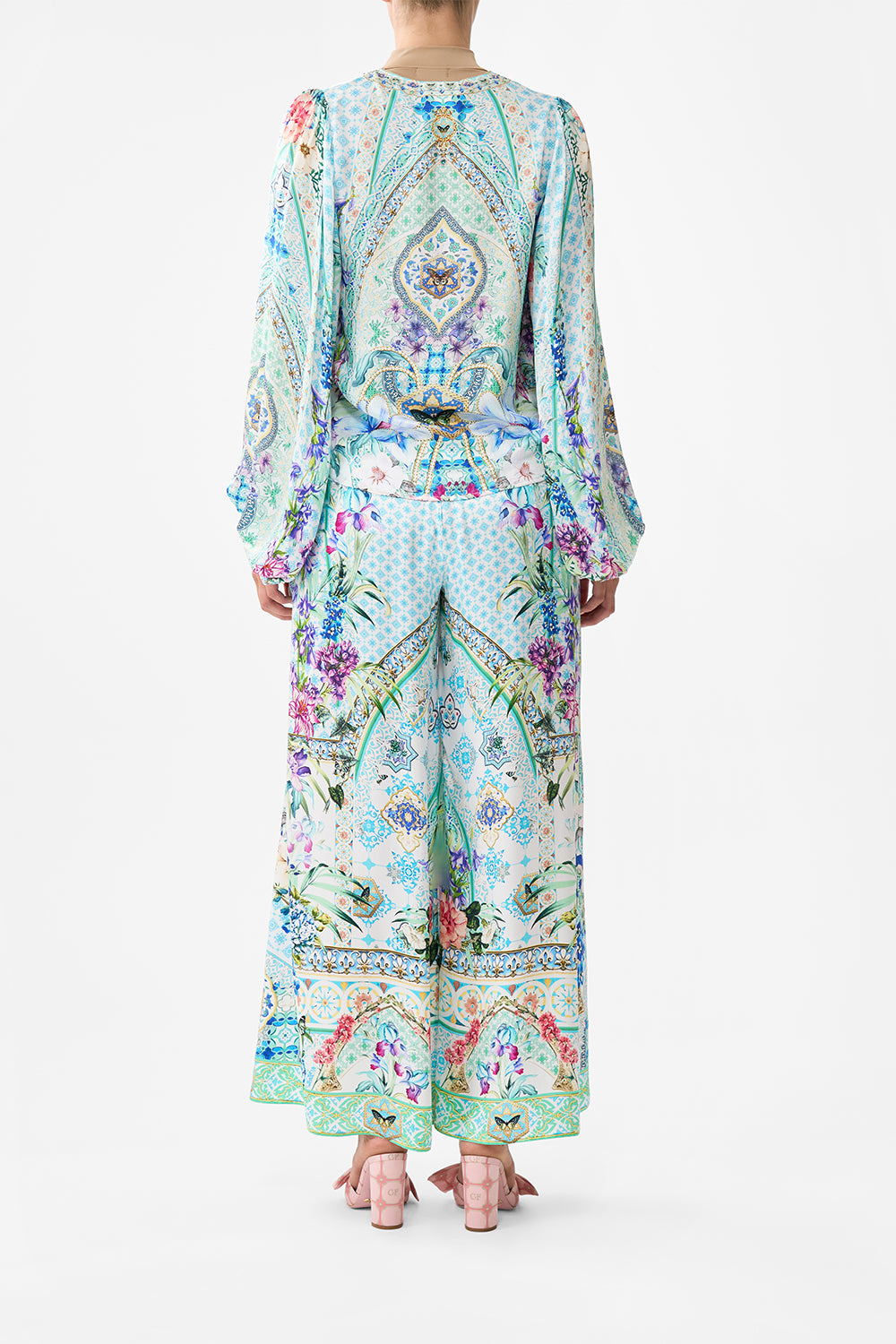 The CAMILLA SHIRRED WAIST PANT SUNRISE IN SINTRA in our  print.