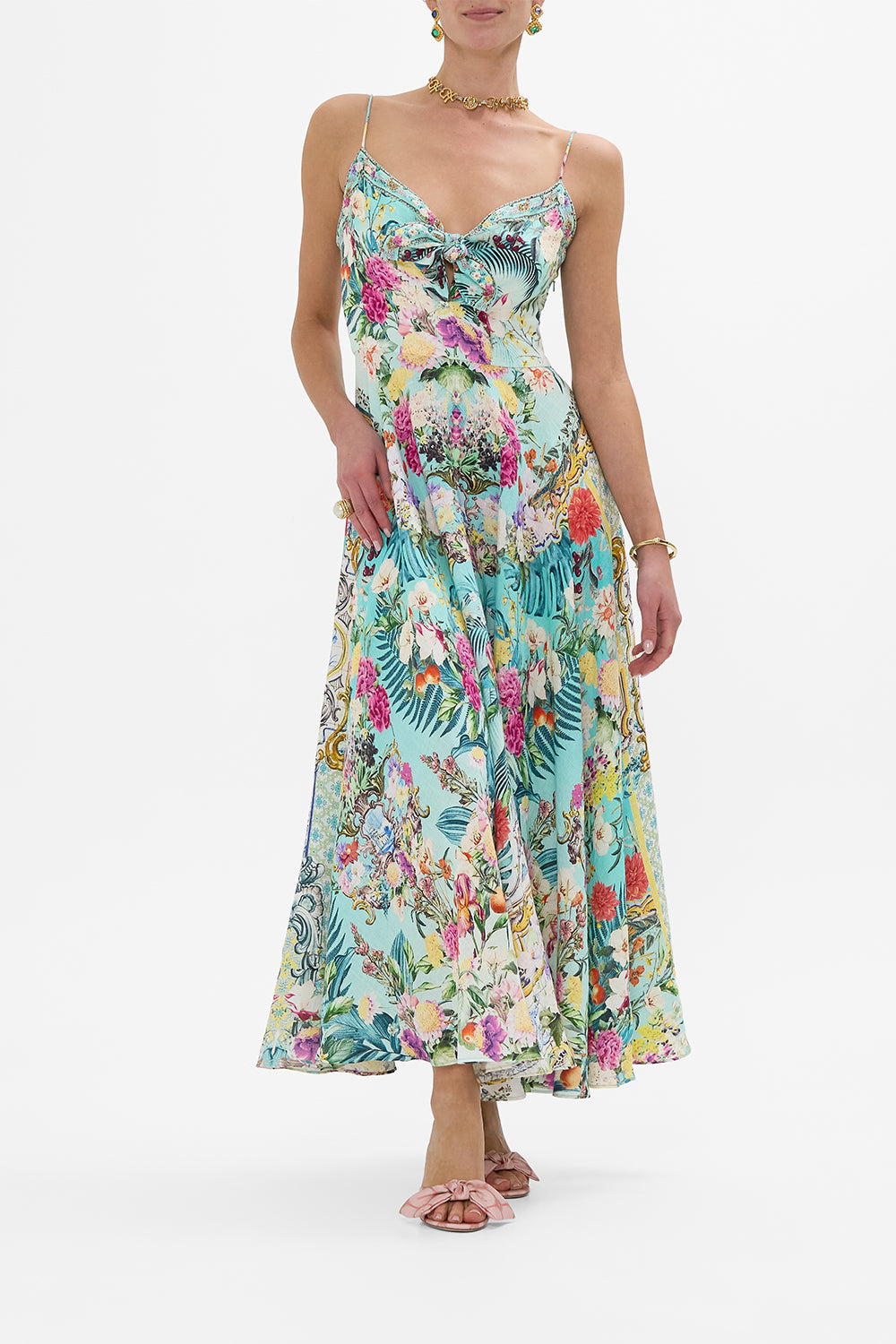 CAMILLA Long Dress With Tie Front in Gardens Of Queluz print