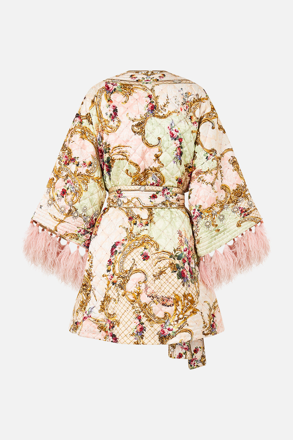 LAYER WITH TIE BELT AND FEATHERS THE QUEENS QUARTERS