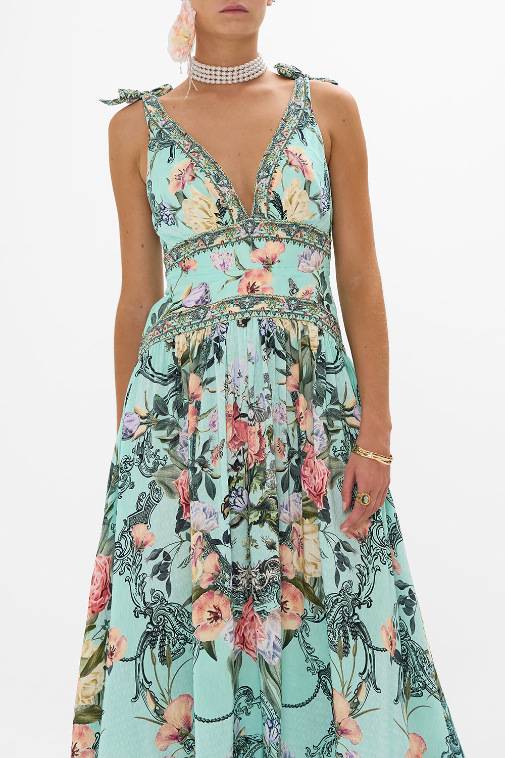 CAMILLA blue tie shoulder dress in Petal Promise Land print.
