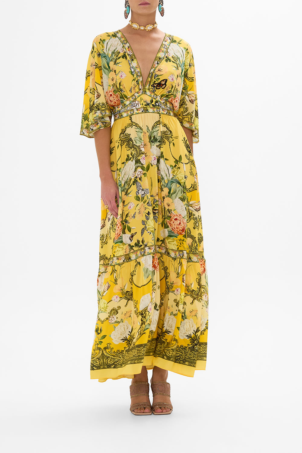 CAMILLA yellow waisted dress with hem ruffle in Paths Of Gold print.
