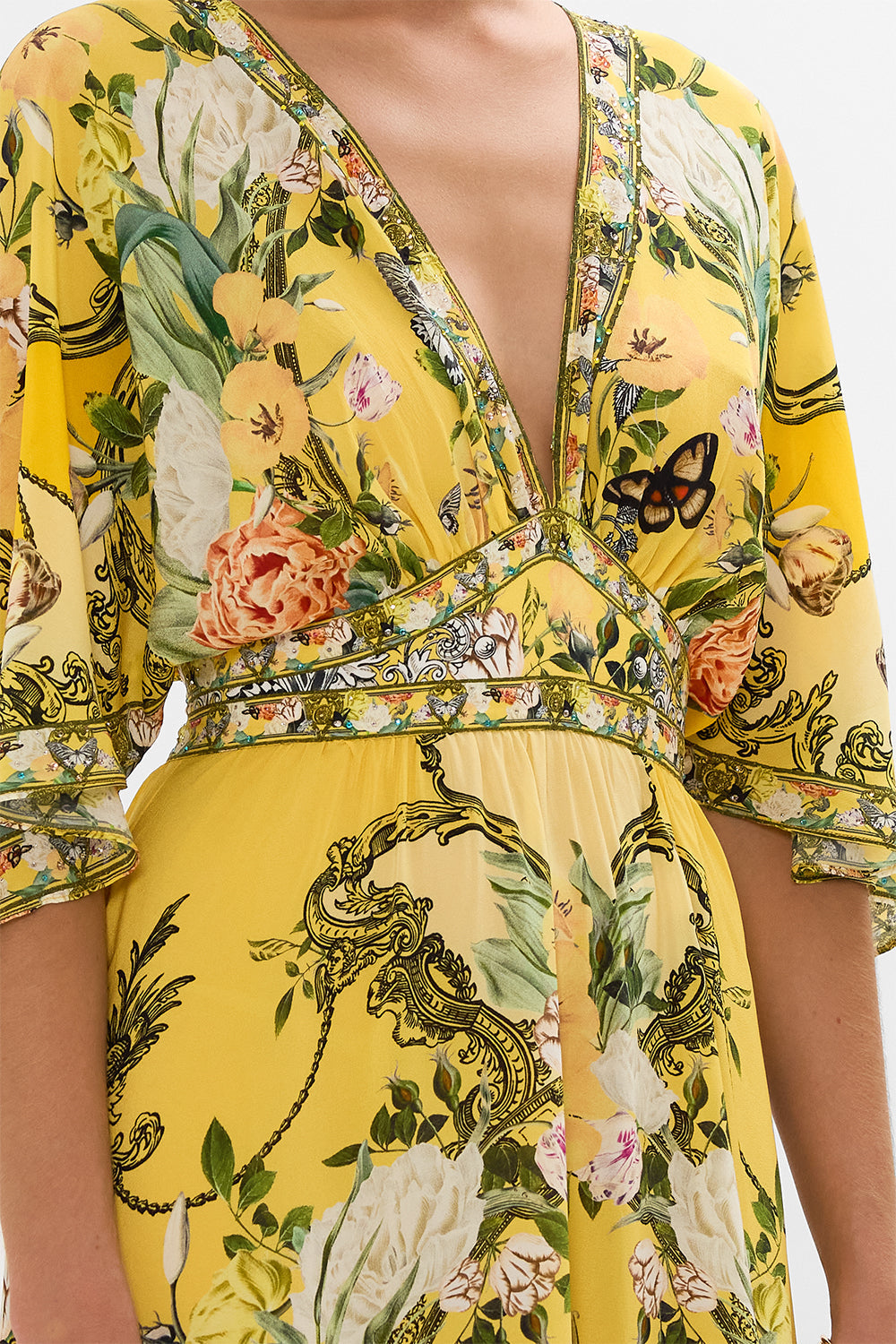 CAMILLA yellow waisted dress with hem ruffle in Paths Of Gold print.