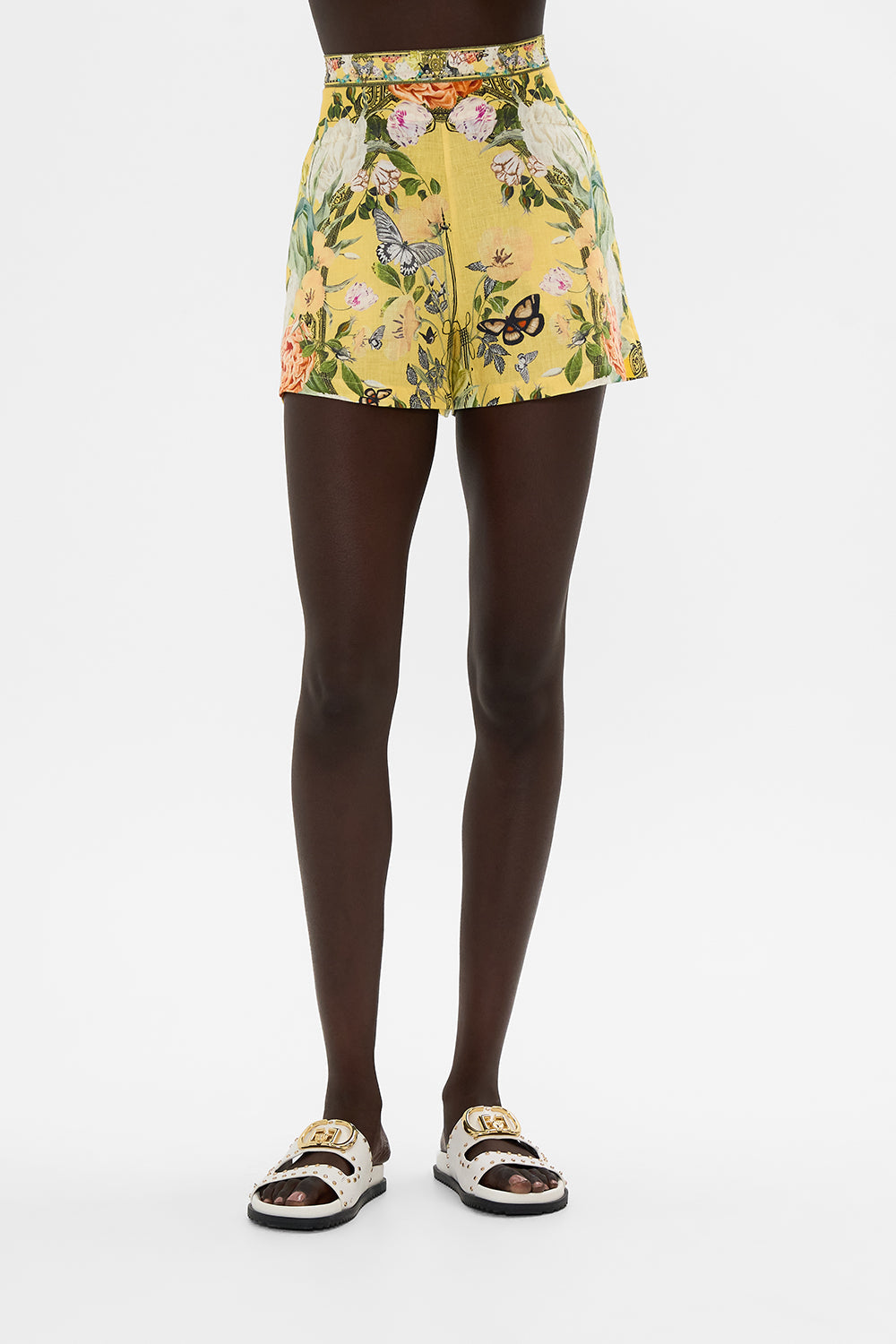 CAMILLA yellow line shorts in Paths of Gold print