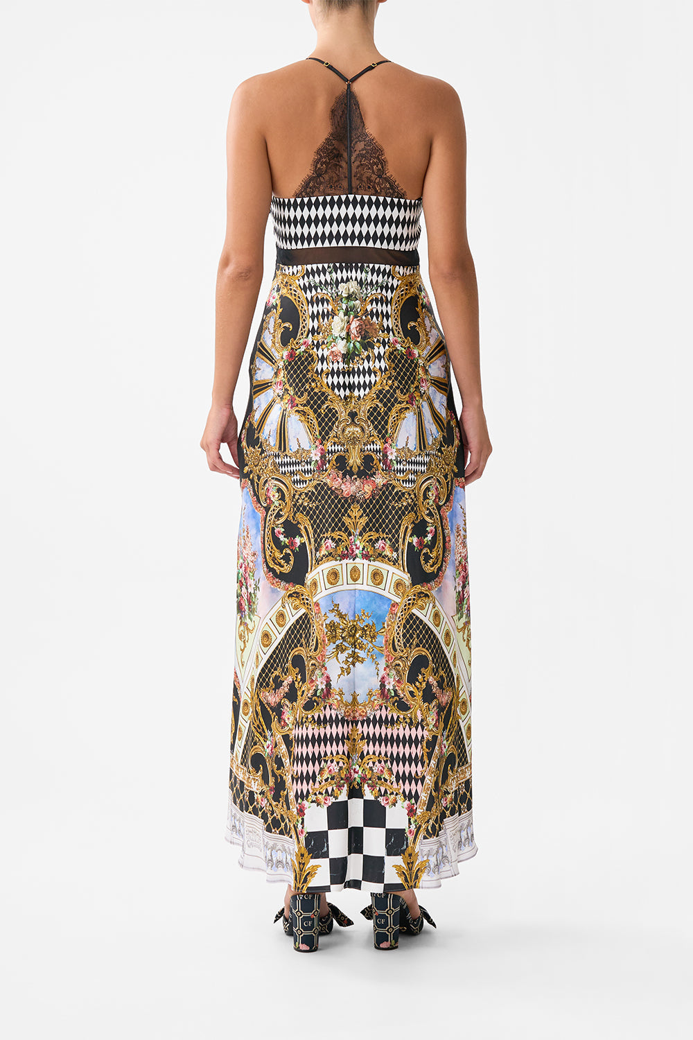 The CAMILLA LACE SPLICE BIAS LONG DRESS MONARCHY MANIA in our  print.