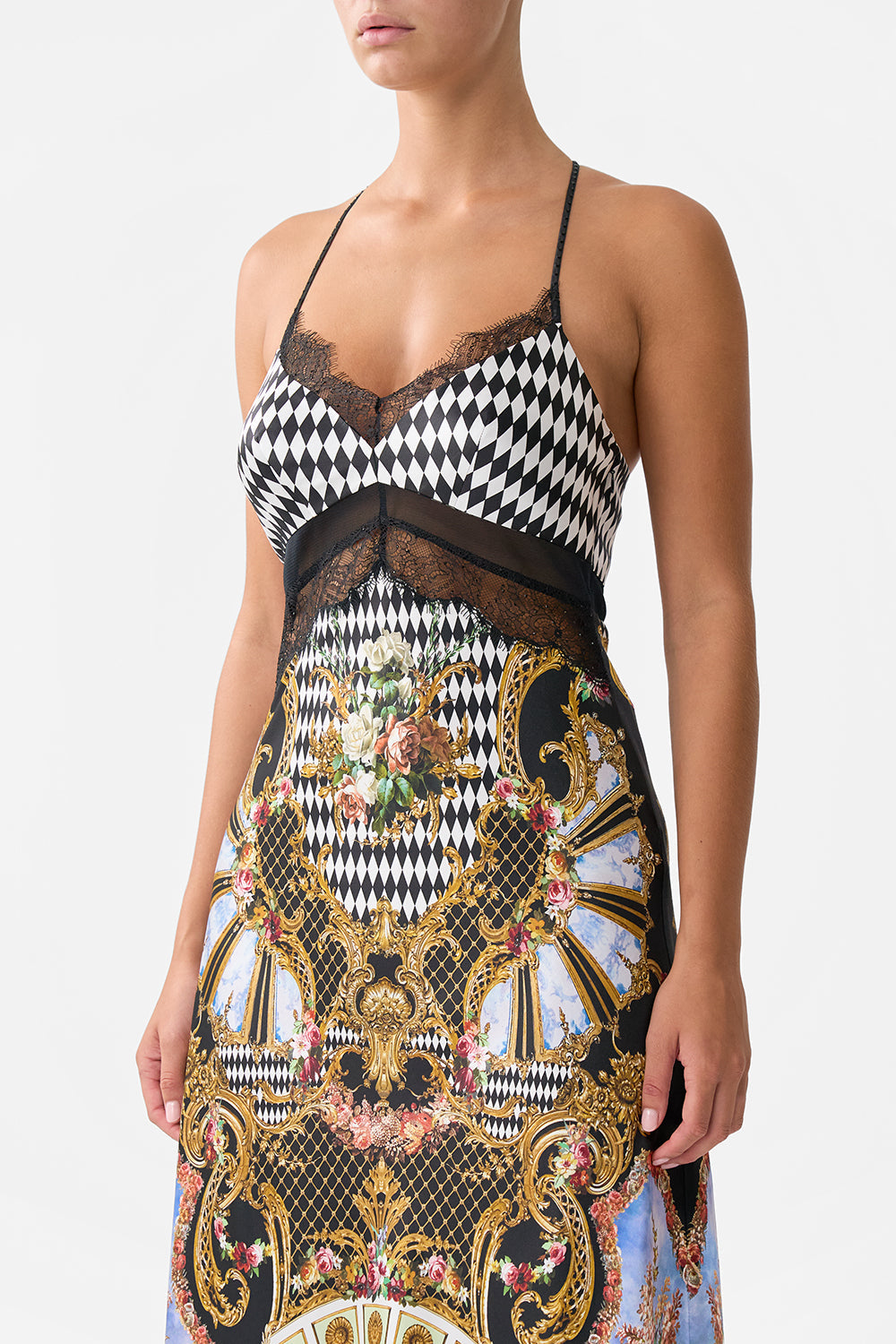 The CAMILLA LACE SPLICE BIAS LONG DRESS MONARCHY MANIA in our  print.