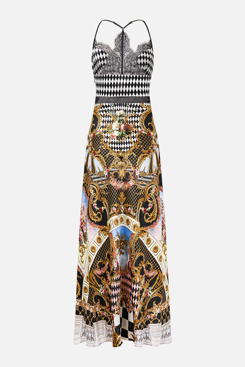 The CAMILLA LACE SPLICE BIAS LONG DRESS MONARCHY MANIA in our  print.
