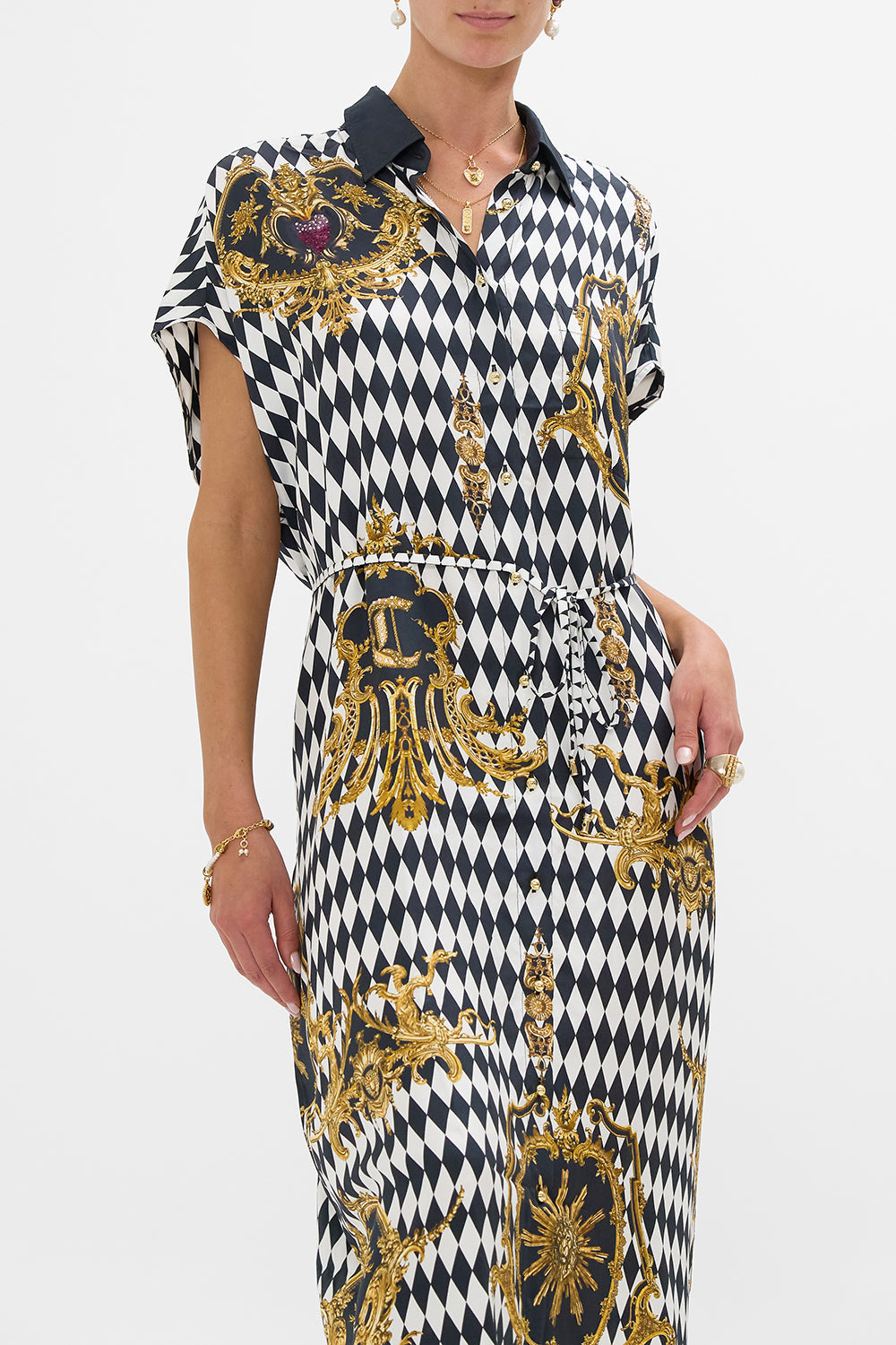 The CAMILLA SLEEVELESS SHIRTDRESS MONARCHY MANIA in our  print.