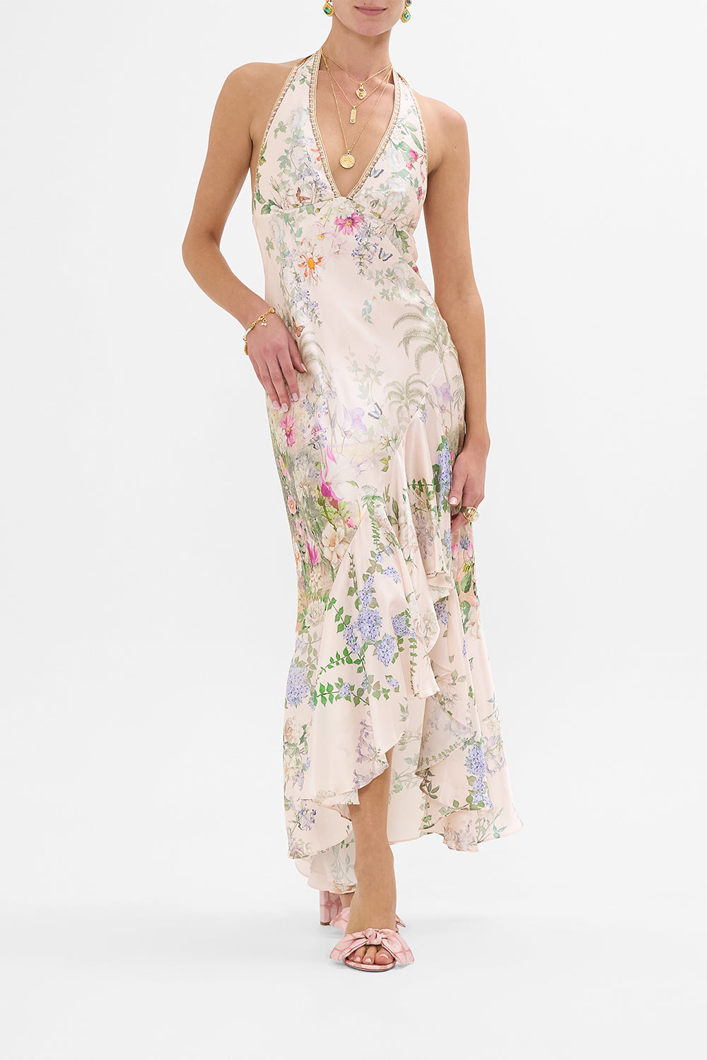 The CAMILLA BIAS HALTER DRESS WITH RUFFLE HEM PALACIO PLAYGROUND in our PALACIO PLAYGROUND print.