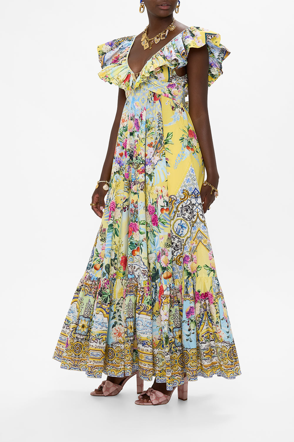 VESTIDO CON CUELLO CON VOLANTES Y DETALLES METÁLICOS FLOR FANTÁSTICA