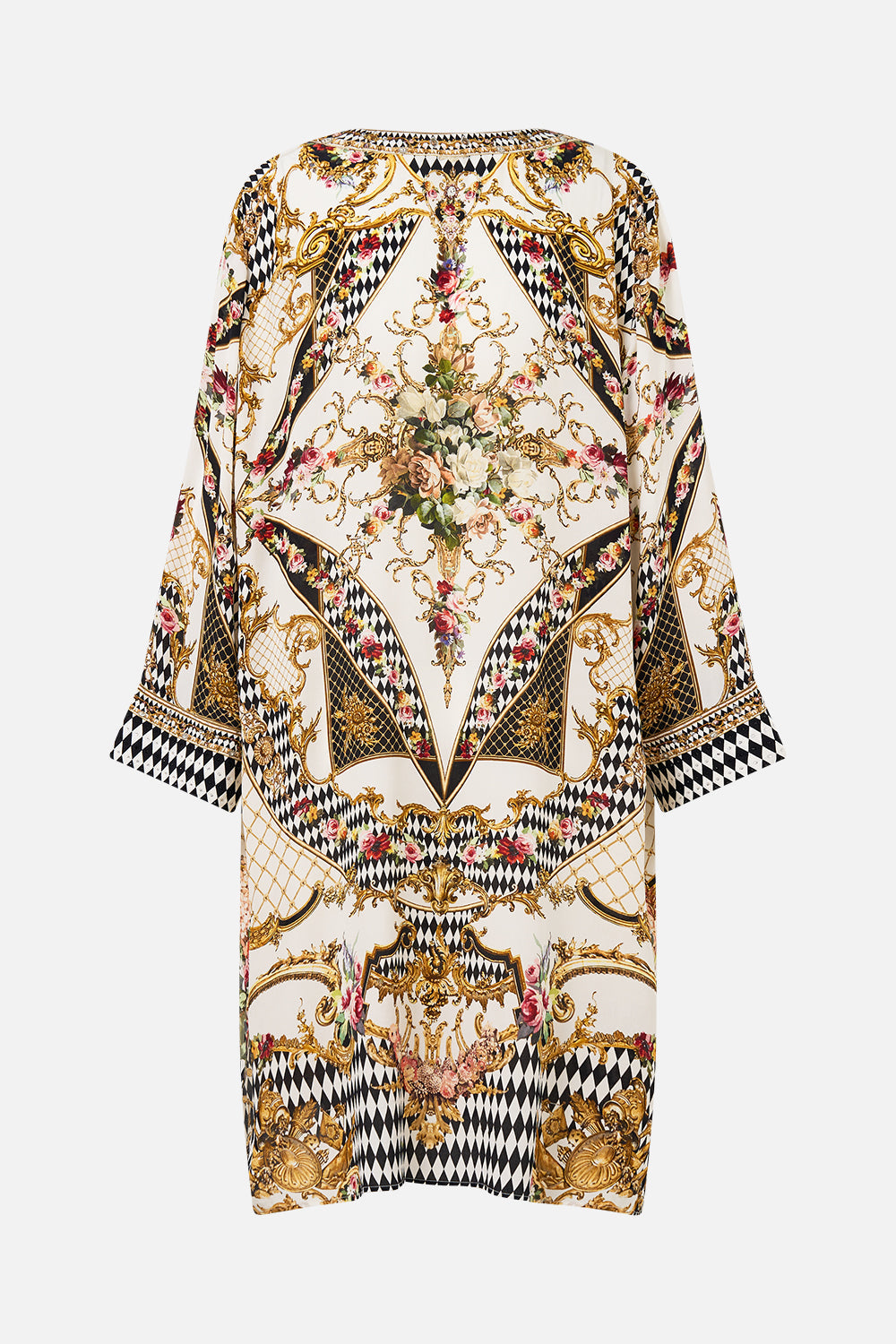 The CAMILLA METAL EYELET KAFTAN ROCOCO GLOW in our  print.