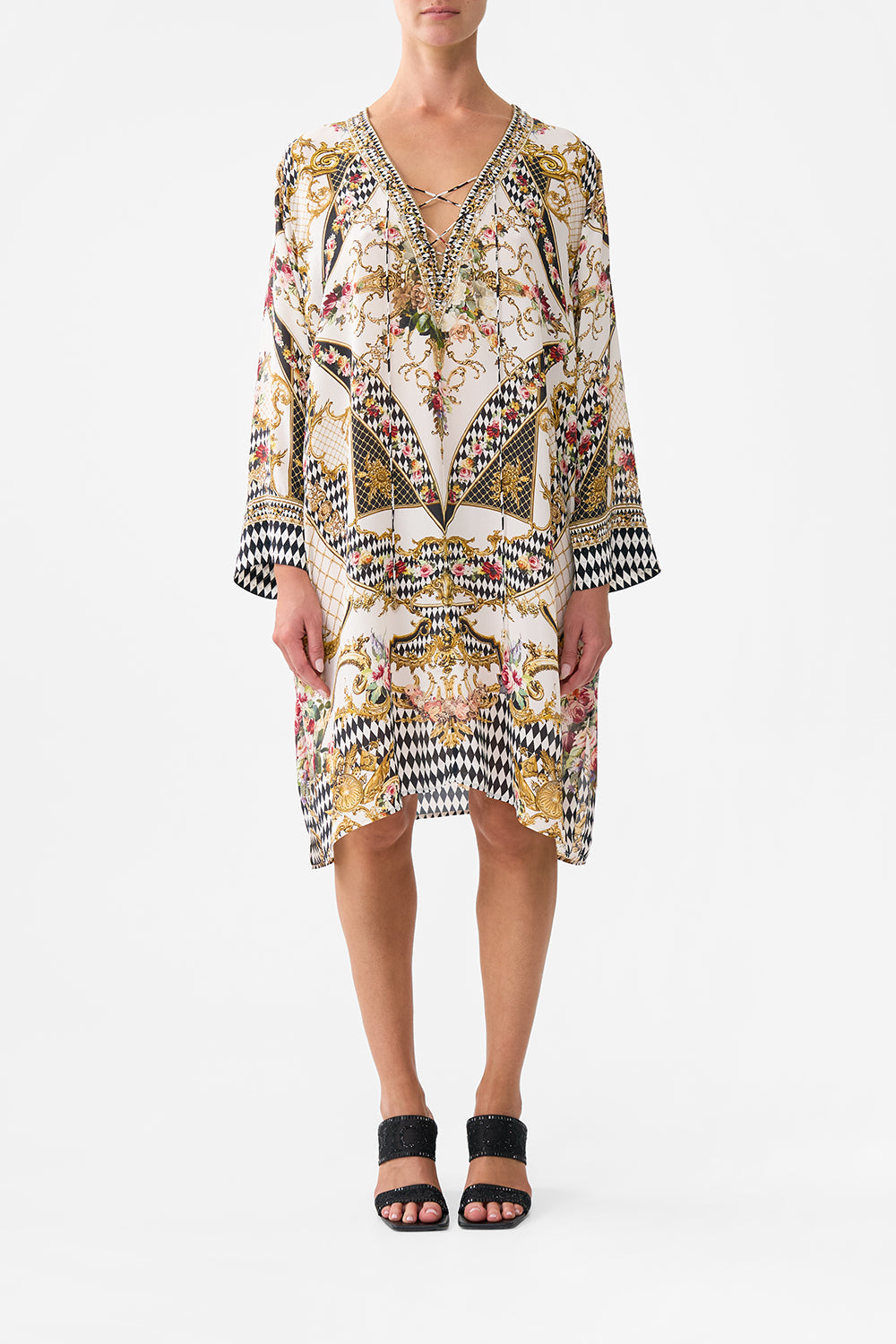 The CAMILLA METAL EYELET KAFTAN ROCOCO GLOW in our ROCOCO GLOW print.