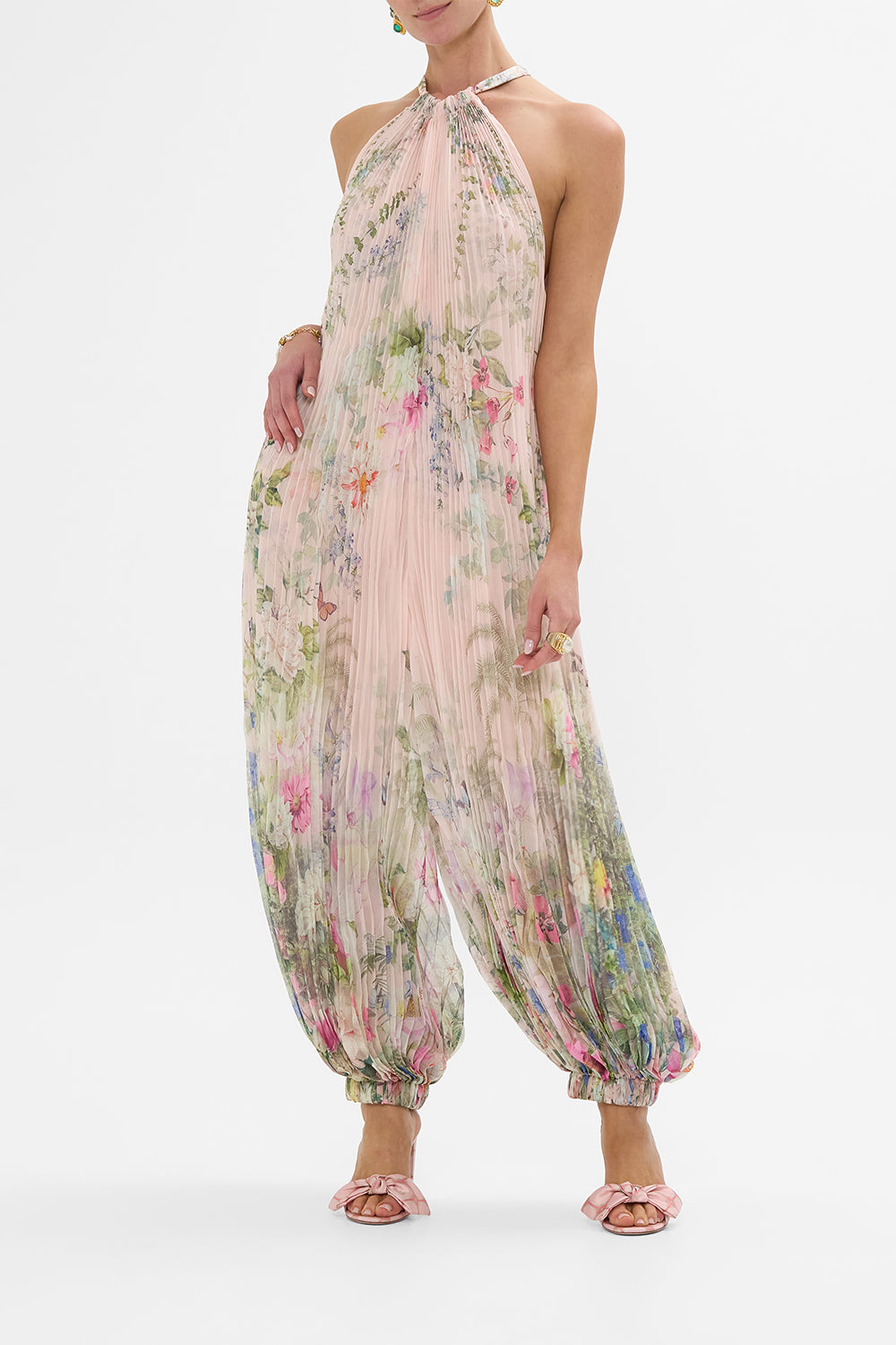 The CAMILLA PLISSE JUMPSUIT WITH NECK TIE PALACIO PLAYGROUND in our PALACIO PLAYGROUND print.