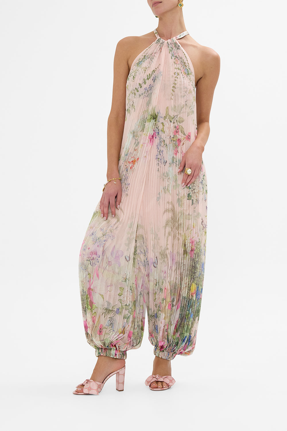 The CAMILLA PLISSE JUMPSUIT WITH NECK TIE PALACIO PLAYGROUND in our  print.