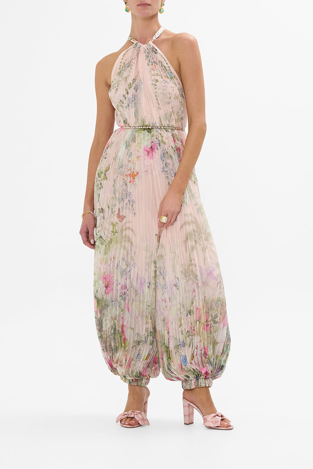 The CAMILLA PLISSE JUMPSUIT WITH NECK TIE PALACIO PLAYGROUND in our  print.