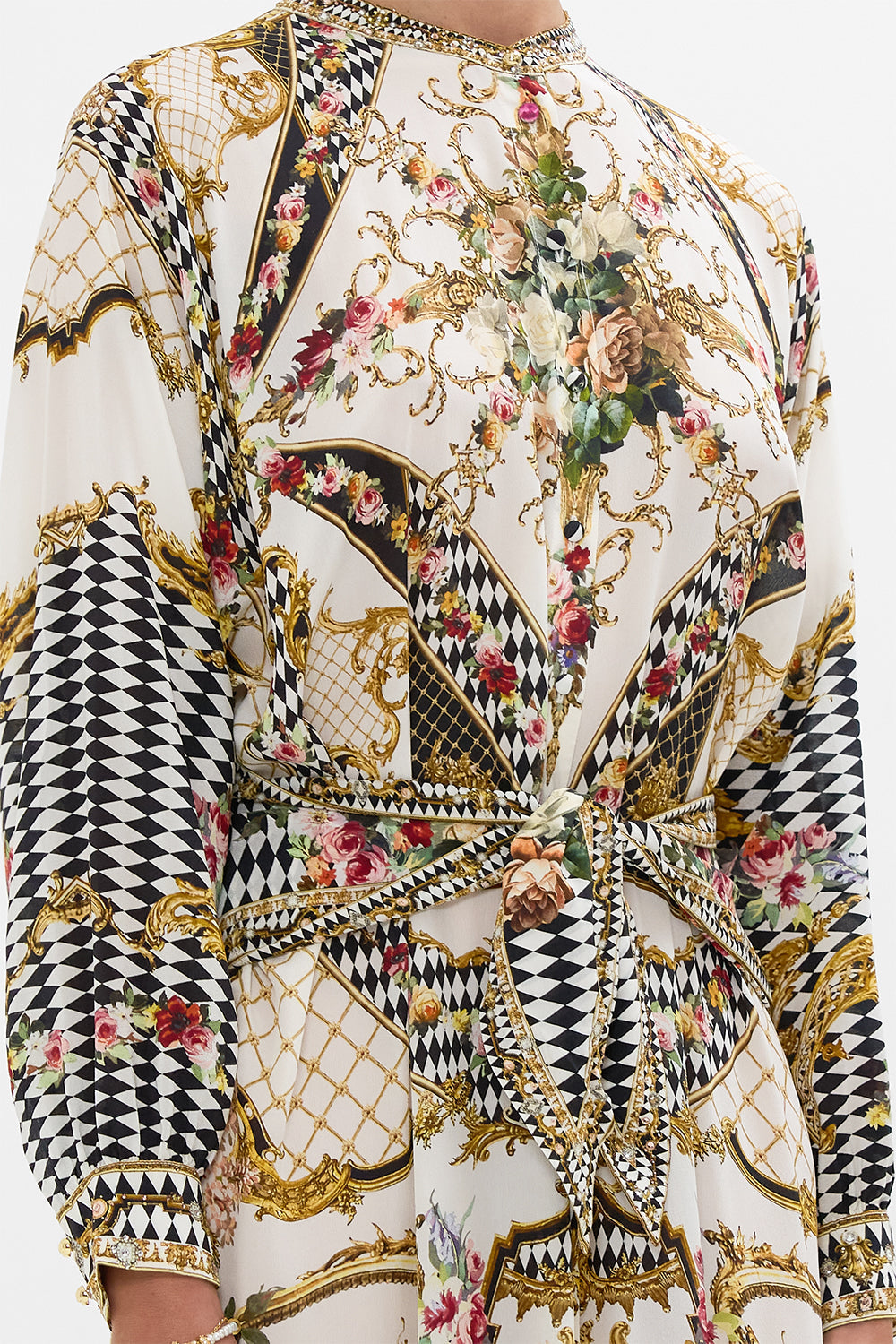 TIERED SHIRTDRESS WITH WIDE WAIST TIE ROCOCO GLOW