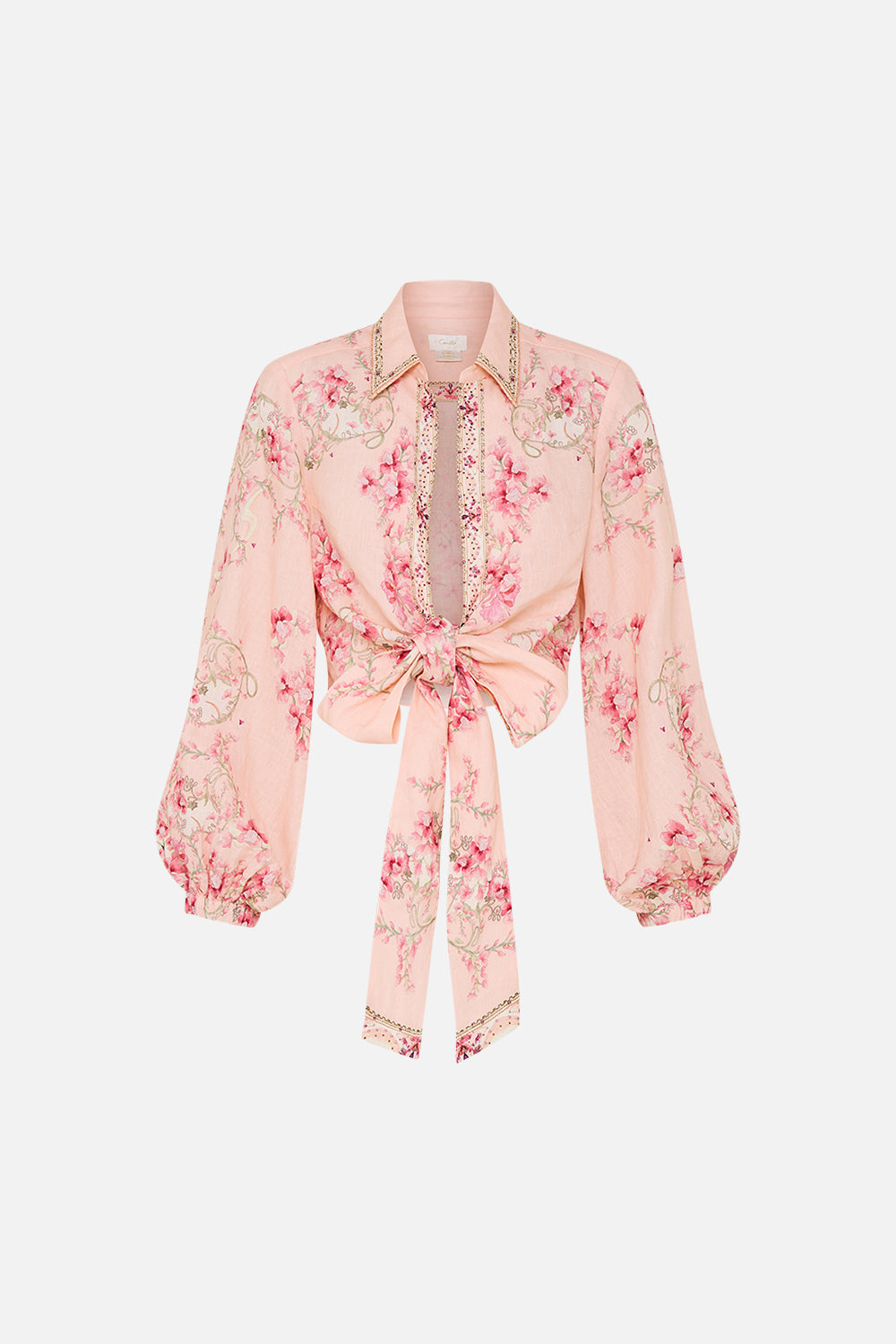 CAMILLA pink blush cropped wrap shirt in Blossoms And Brushstrokes print.