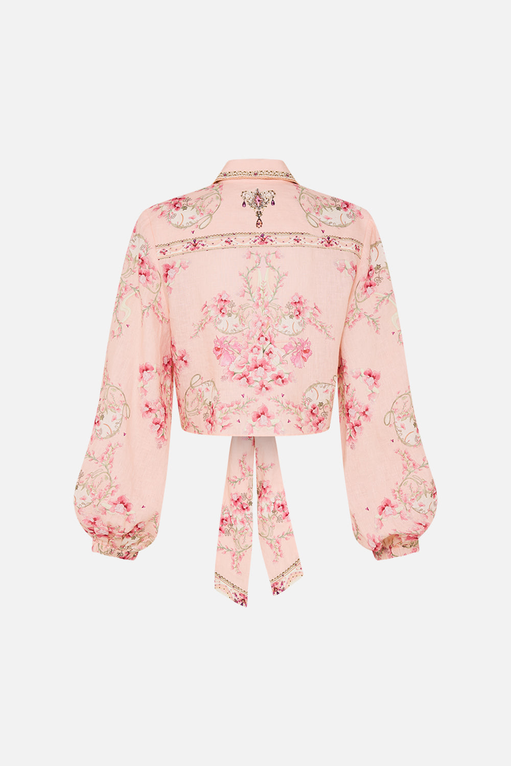 CAMILLA pink blush cropped wrap shirt in Blossoms And Brushstrokes print.