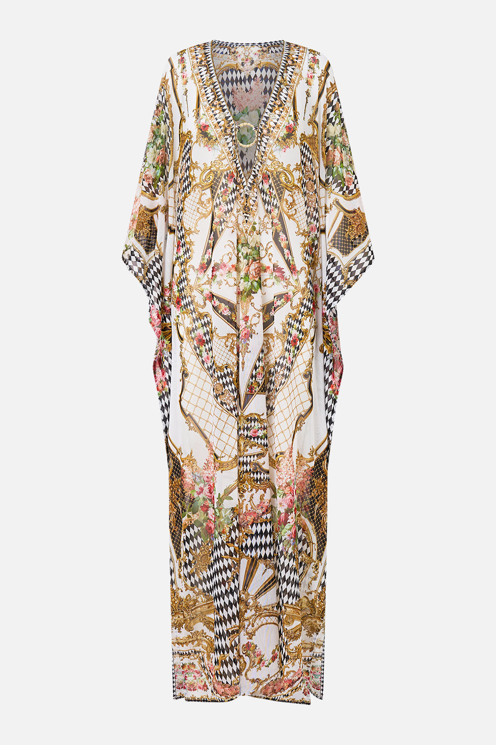 STRETCH MESH KAFTAN WITH TRIM ROCOCO GLOW