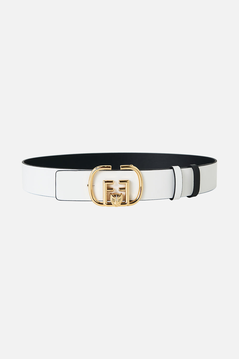 The CAMILLA REVERSIBLE MONOGRAM BUCKLE BELT SOLID WHITE in our  print.