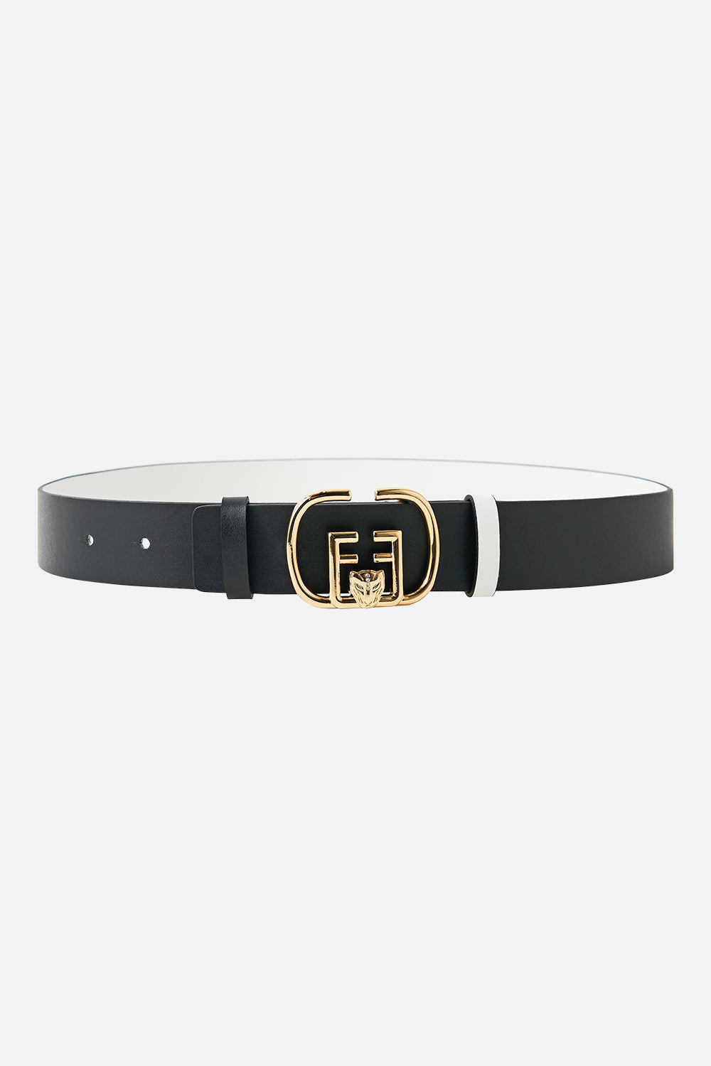 The CAMILLA REVERSIBLE MONOGRAM BUCKLE BELT SOLID WHITE in our  print.