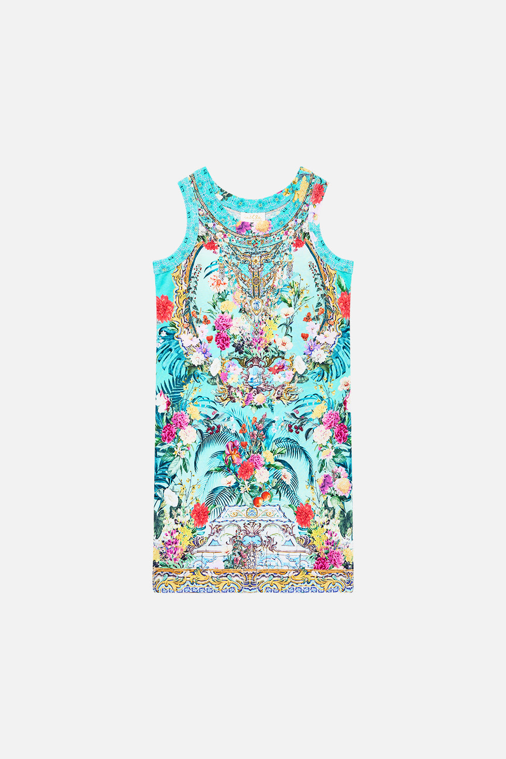 The CAMILLA KIDS JERSEY TANK DRESS 4-10 GARDENS OF QUELUZ in our GARDENS OF QUELUZ print.