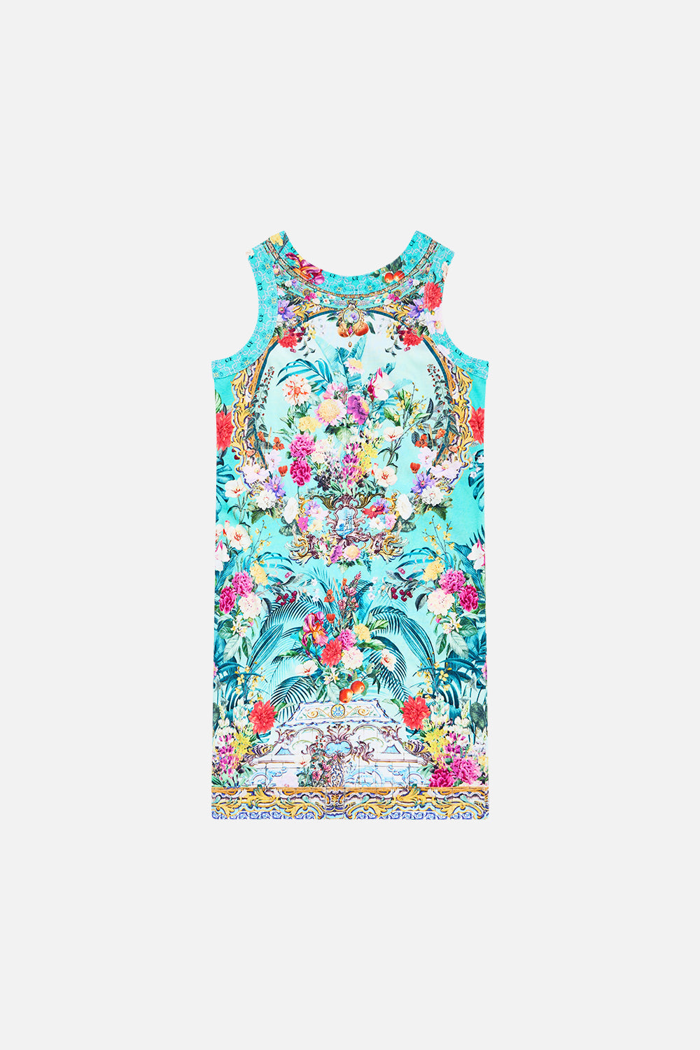 The CAMILLA KIDS JERSEY TANK DRESS 4-10 GARDENS OF QUELUZ in our  print.
