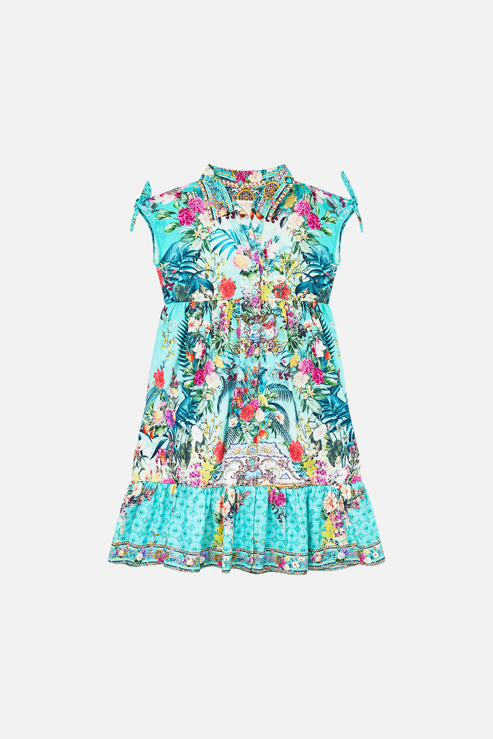 CAMILLA Kids Button Through Dress With Bows 4-10 in Gardens Of Queluz print
