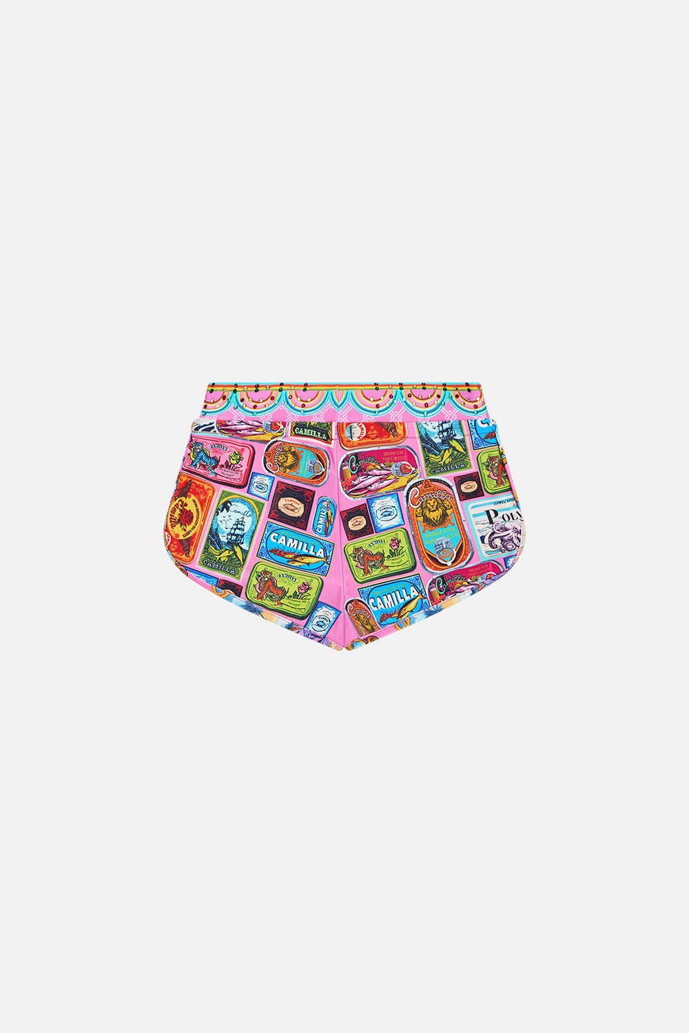 The CAMILLA KIDS BOARDIE STYLE SWIM SHORT 4-10 SALTY SPLENDOUR in our  print.